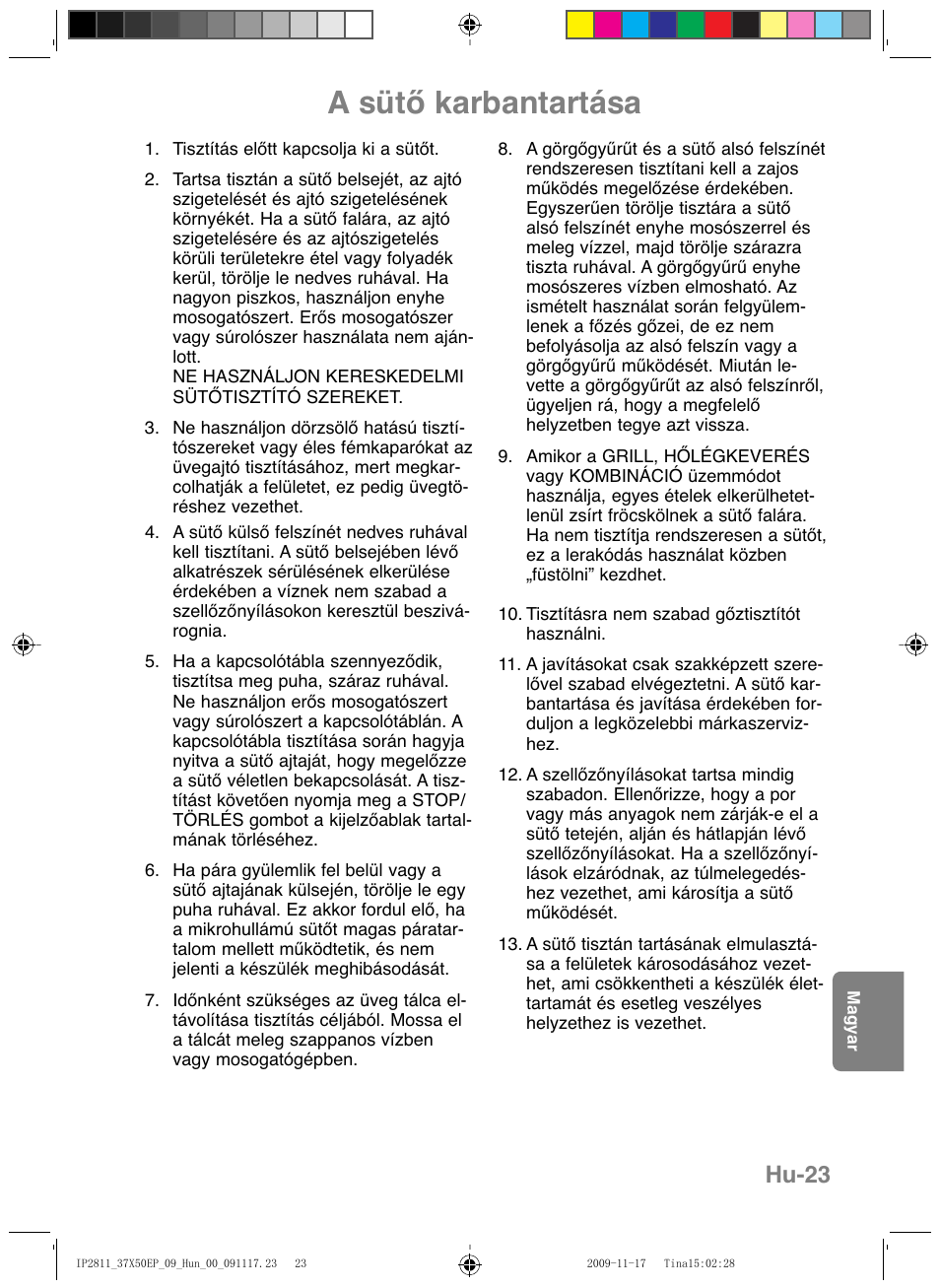 A sütő karbantartása, Hu-23 | Panasonic NNCT579SEPG User Manual | Page 215 / 217