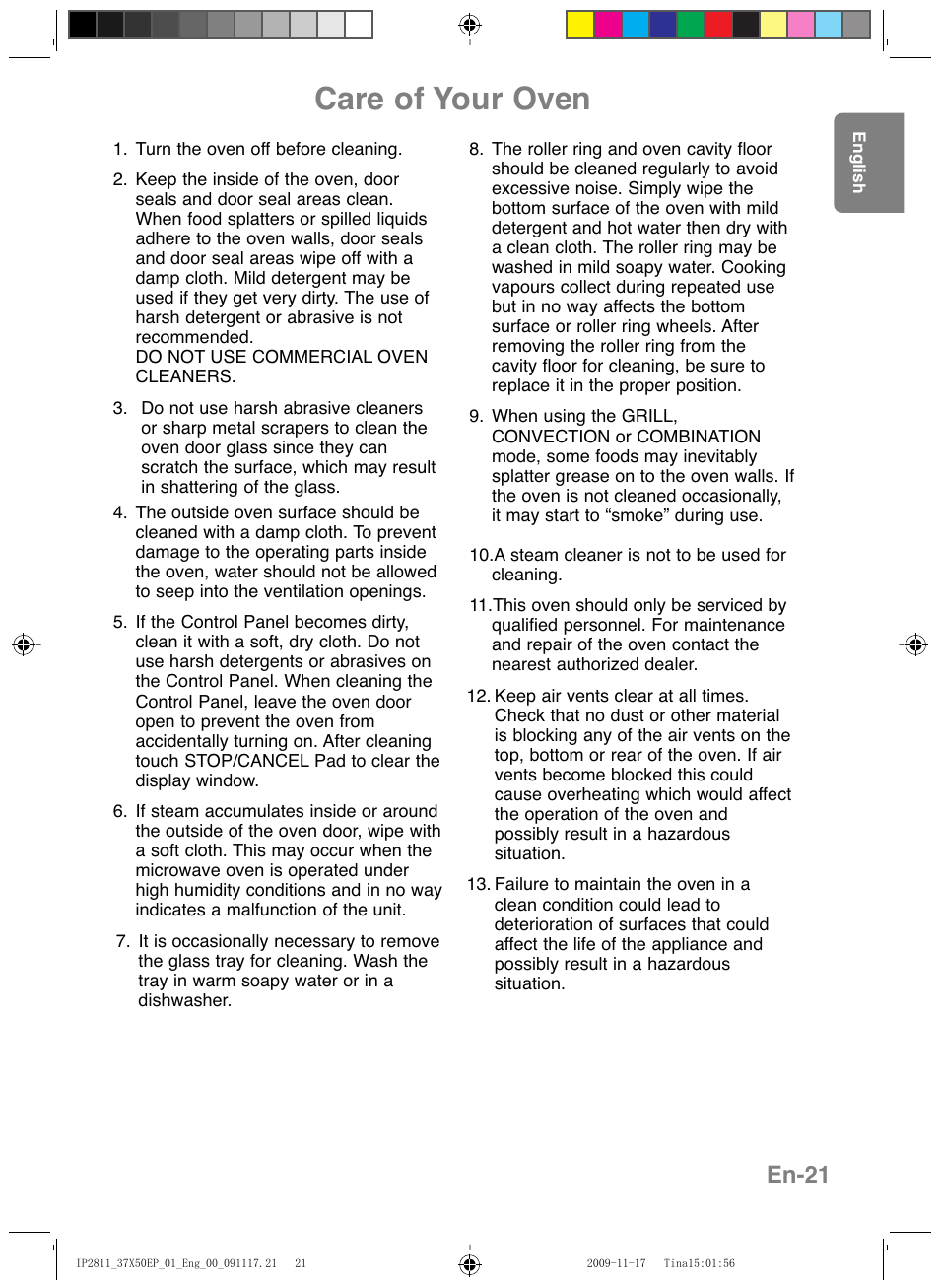 Care of your oven, En-21 | Panasonic NNCT579SEPG User Manual | Page 23 / 217