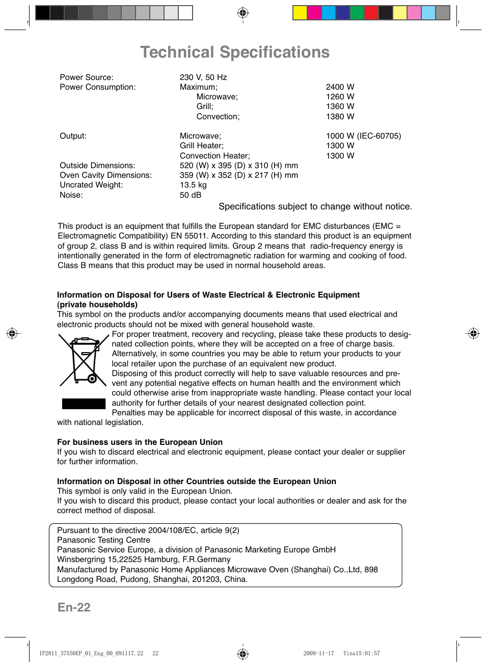 Technical specifications, En-22 | Panasonic NNCT579SEPG User Manual | Page 24 / 217