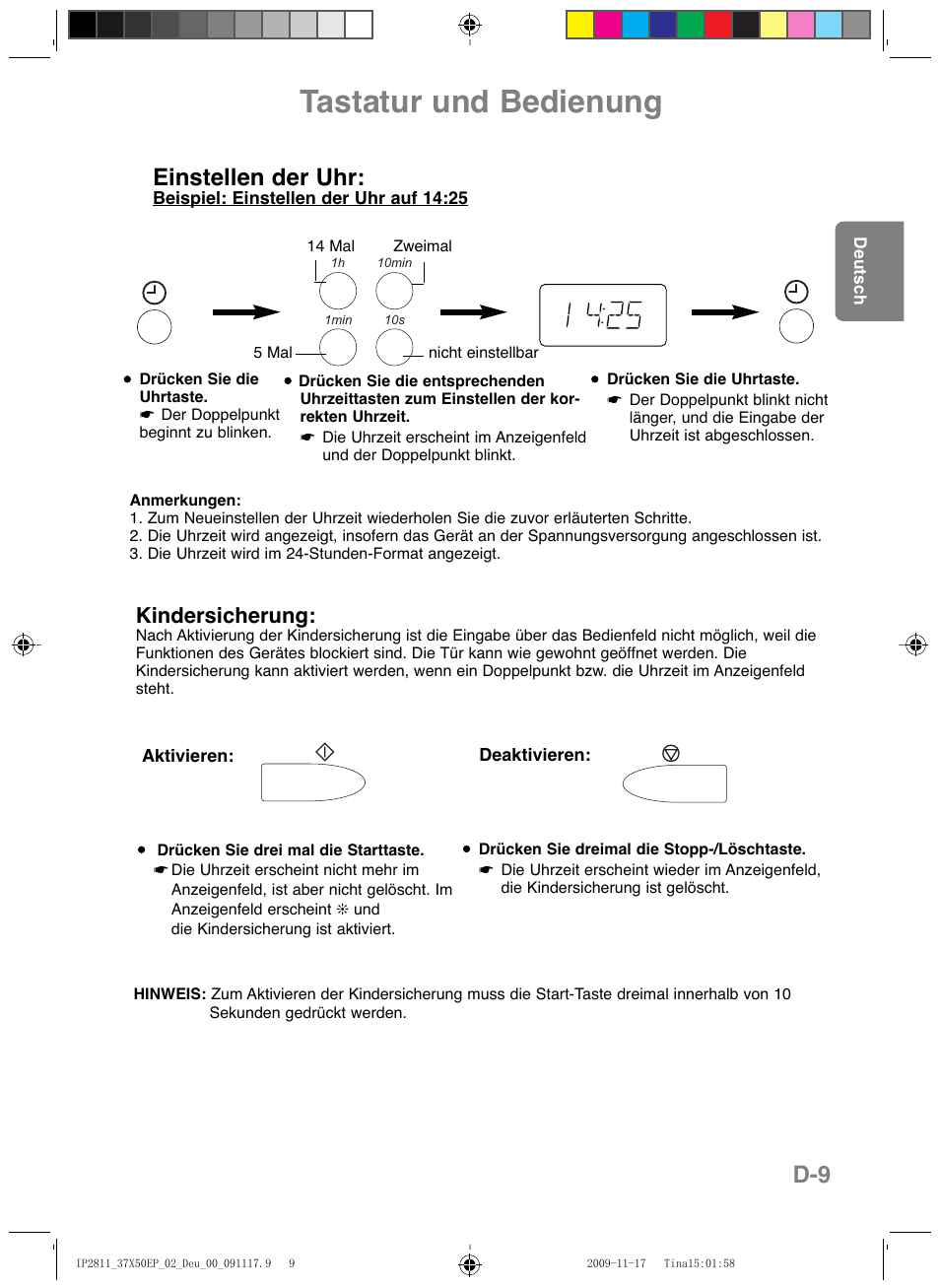 Tastatur und bedienung, Einstellen der uhr, Kindersicherung | Panasonic NNCT579SEPG User Manual | Page 33 / 217