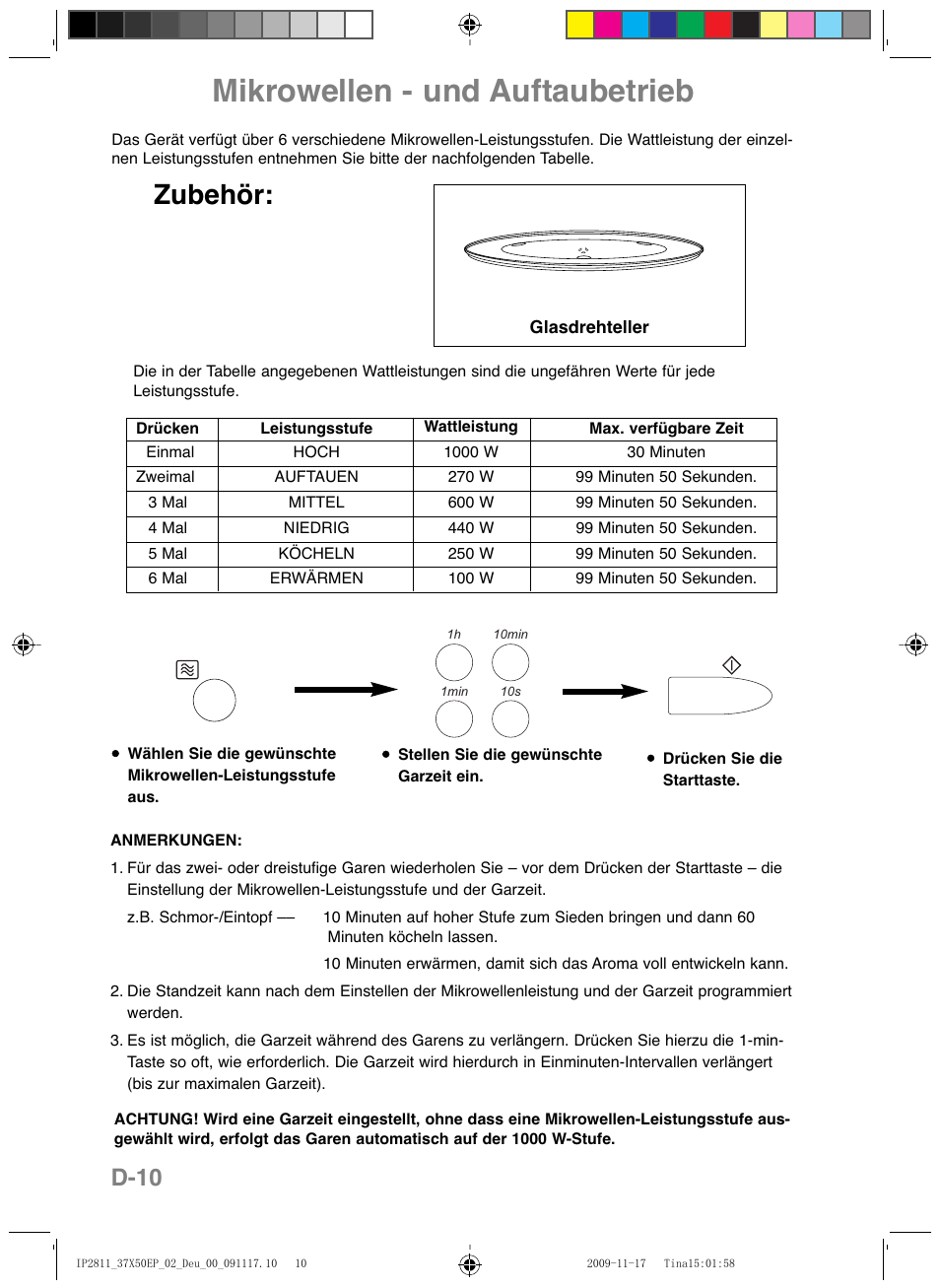 Mikrowellen - und auftaubetrieb, Zubehör, D-10 | Panasonic NNCT579SEPG User Manual | Page 34 / 217