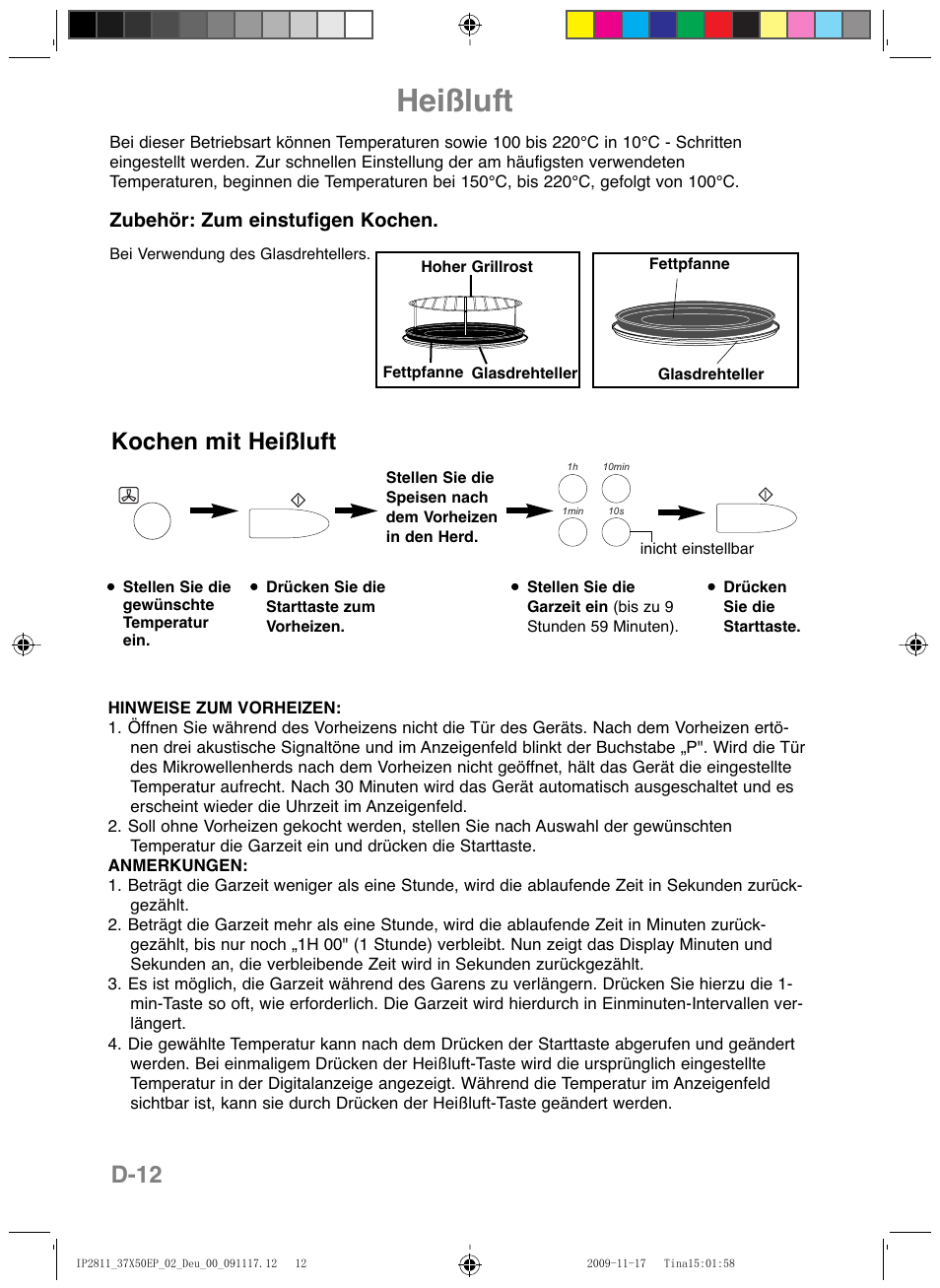 Heißluft, D-12, Kochen mit heißluft | Zubehör: zum einstufigen kochen | Panasonic NNCT579SEPG User Manual | Page 36 / 217