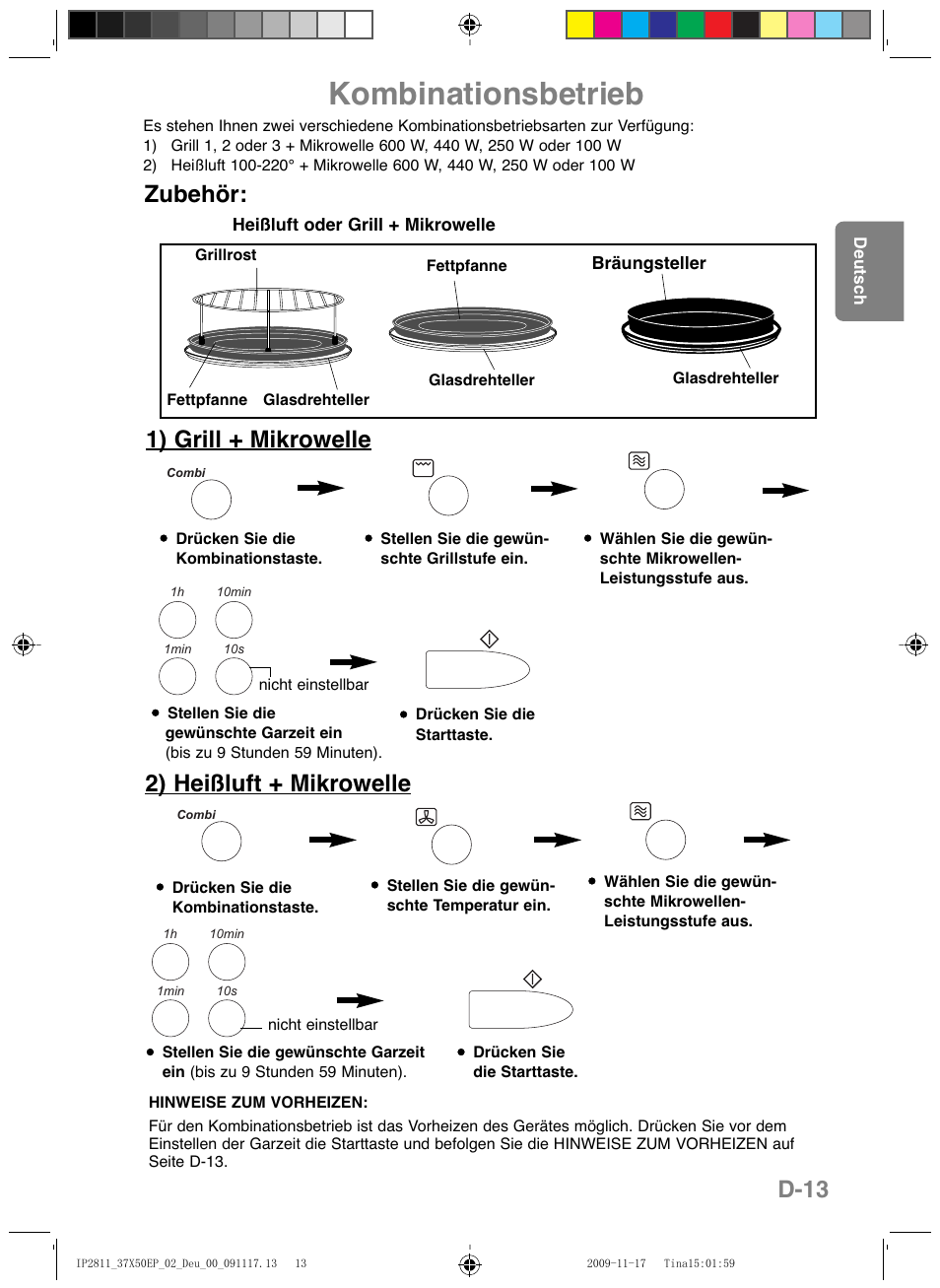 Kombinationsbetrieb, D-13, 1) grill + mikrowelle 2) heißluft + mikrowelle | Zubehör | Panasonic NNCT579SEPG User Manual | Page 37 / 217