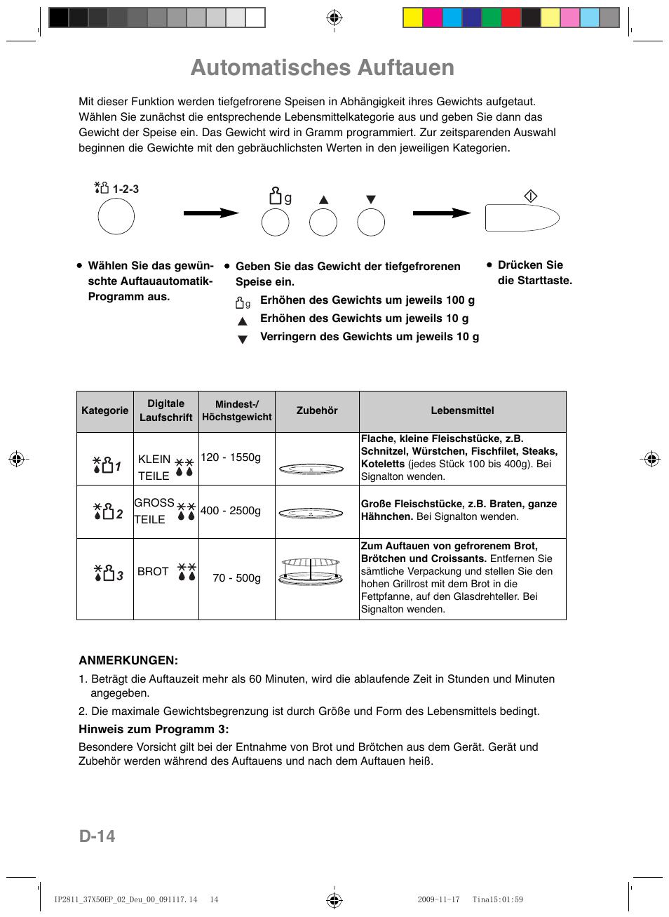 Automatisches auftauen, D-14 | Panasonic NNCT579SEPG User Manual | Page 38 / 217