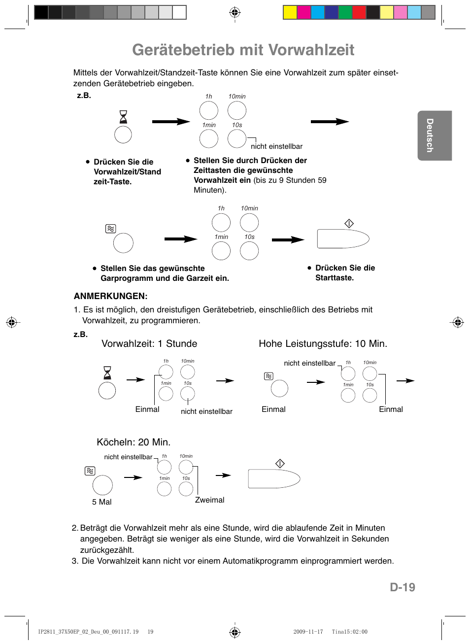 Gerätebetrieb mit vorwahlzeit, D-19 | Panasonic NNCT579SEPG User Manual | Page 43 / 217