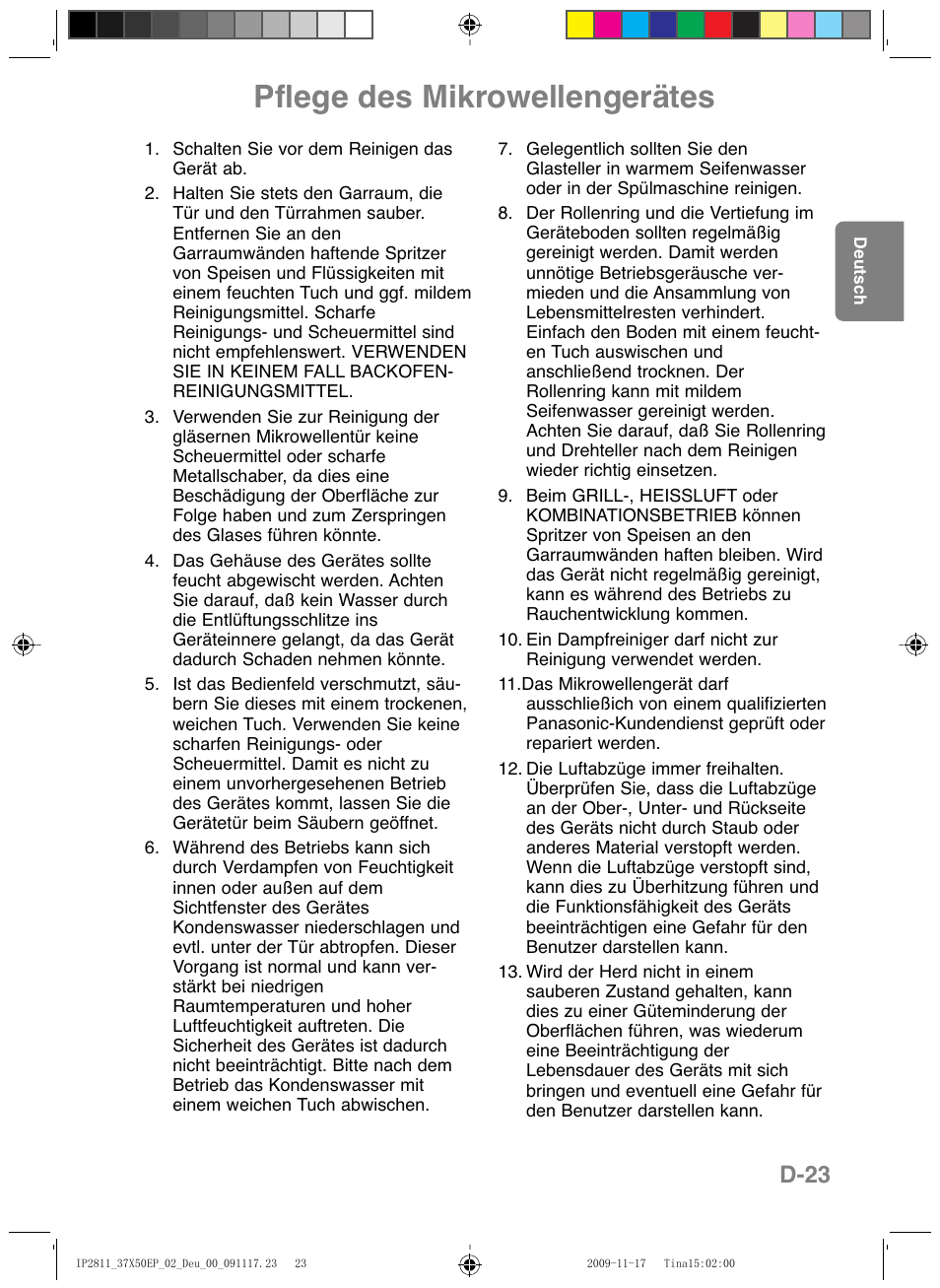 Pflege des mikrowellengerätes, D-23 | Panasonic NNCT579SEPG User Manual | Page 47 / 217