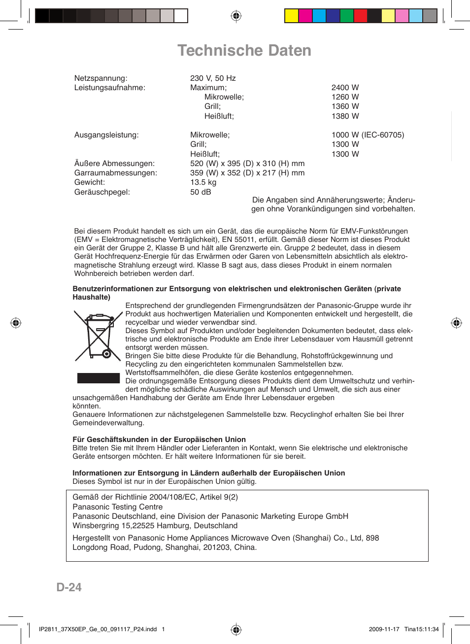 Technische daten, Cz-24, D-24 | Panasonic NNCT579SEPG User Manual | Page 48 / 217