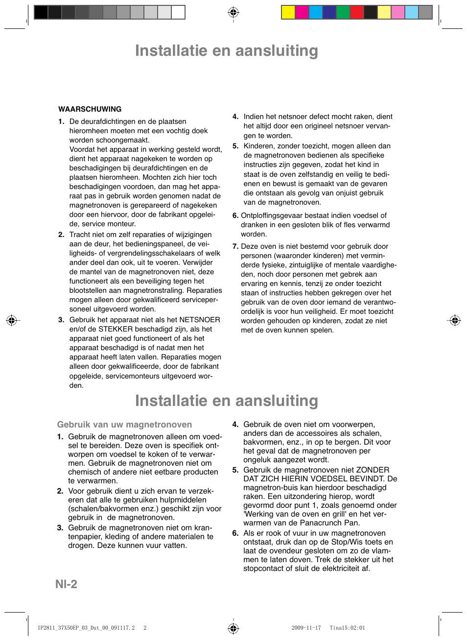 Installatie en aansluiting, Nl-2 | Panasonic NNCT579SEPG User Manual | Page 50 / 217