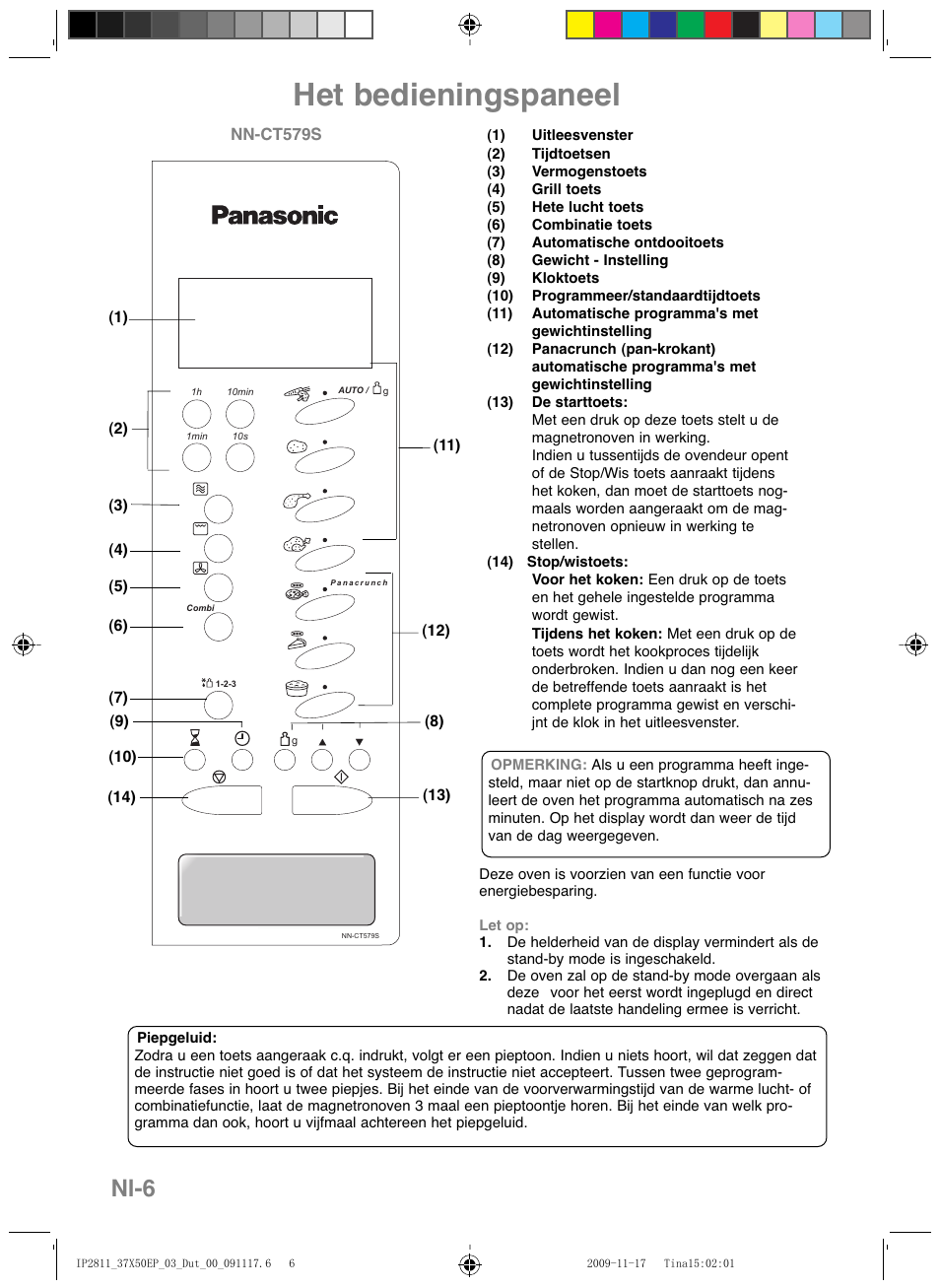 Het bedieningspaneel, Nl-6 | Panasonic NNCT579SEPG User Manual | Page 54 / 217