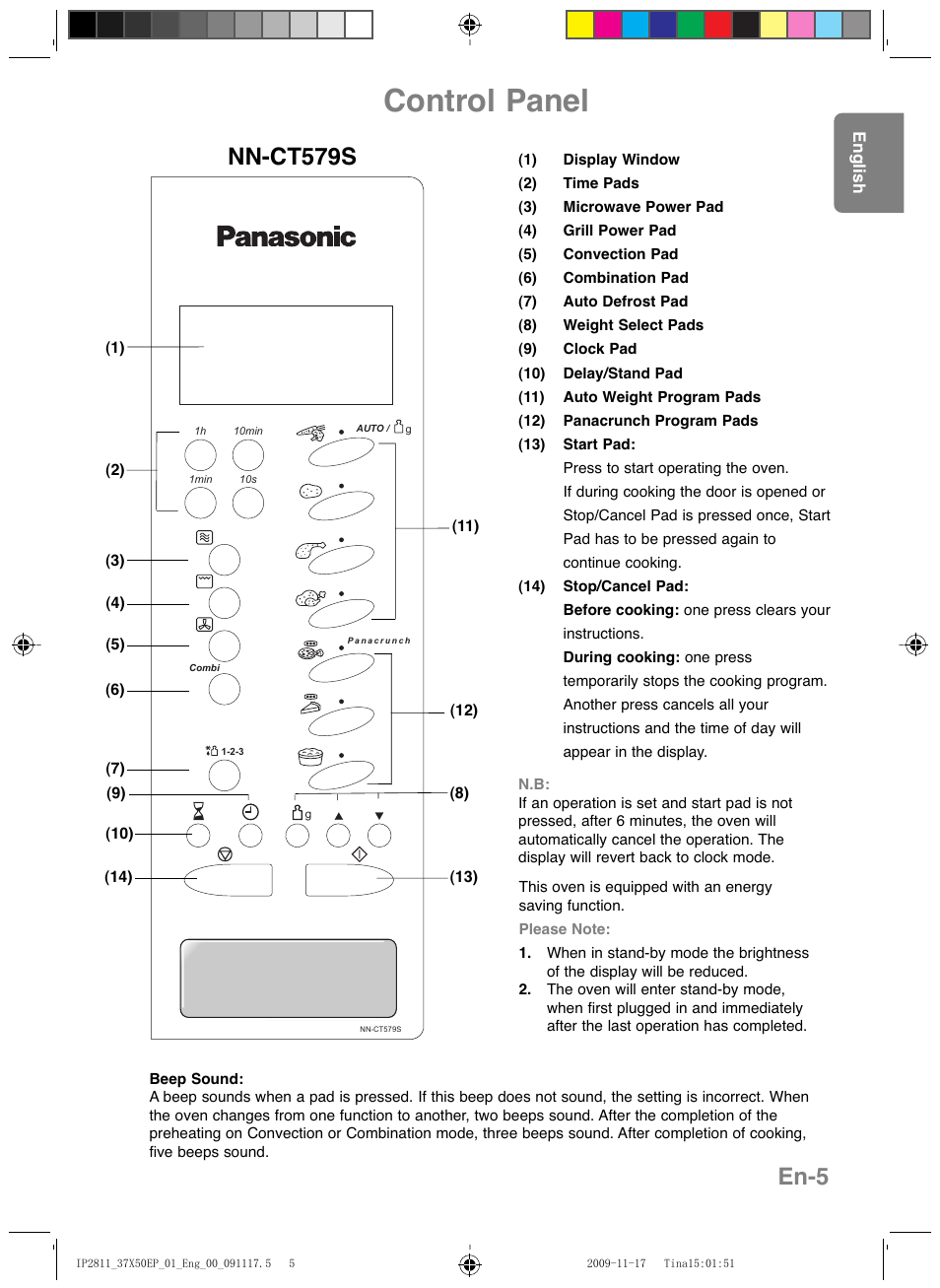 Control panel, Nn-ct579s, En-5 | Panasonic NNCT579SEPG User Manual | Page 7 / 217