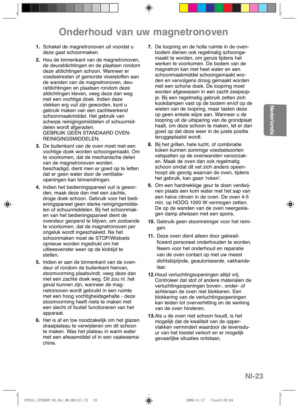 Onderhoud van uw magnetronoven, Nl-23 | Panasonic NNCT579SEPG User Manual | Page 71 / 217