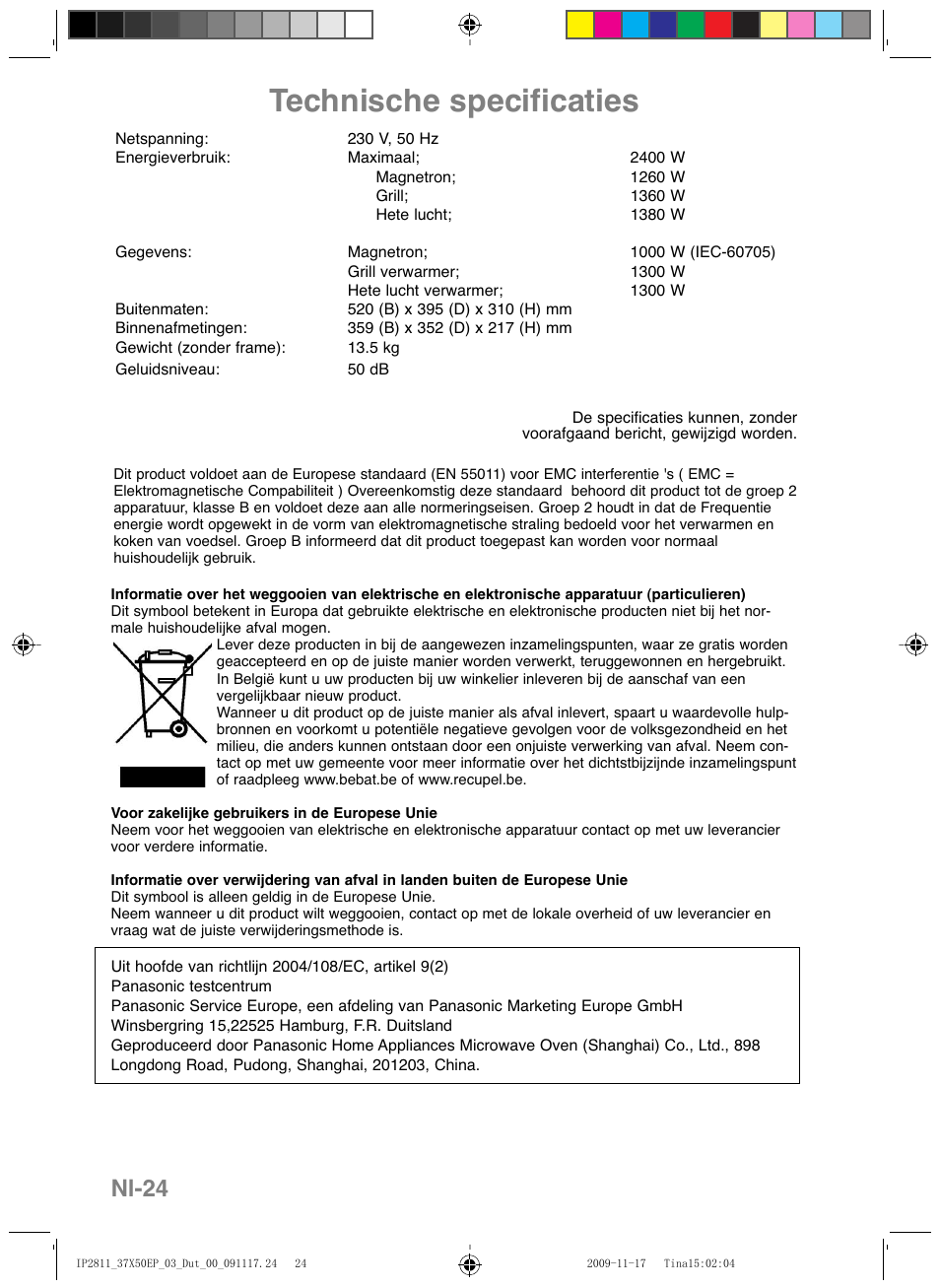 Technische specificaties, Nl-24 | Panasonic NNCT579SEPG User Manual | Page 72 / 217