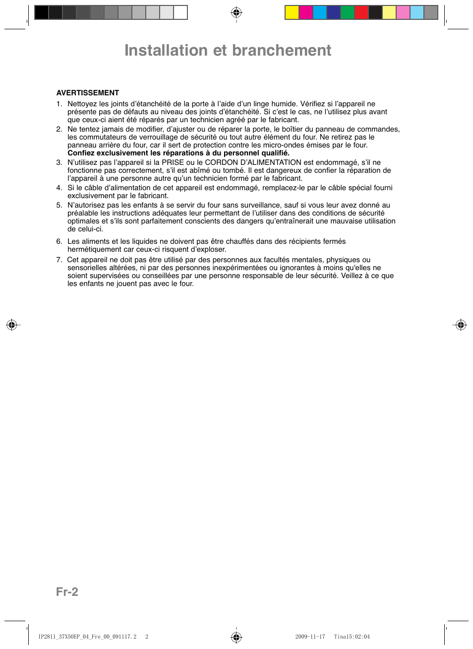 Installation et branchement, Fr-2 | Panasonic NNCT579SEPG User Manual | Page 74 / 217