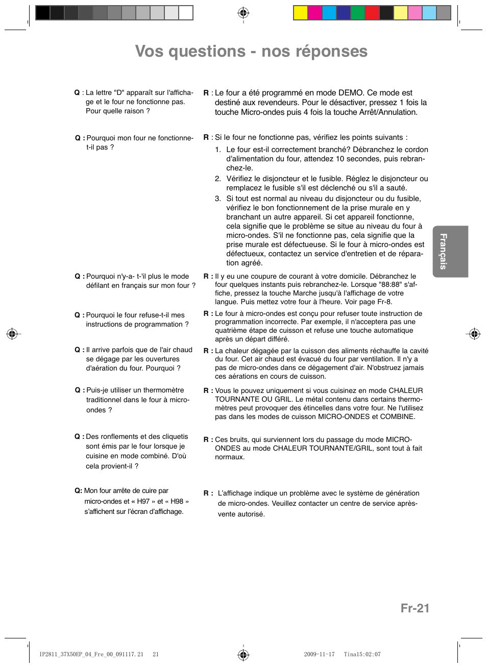 Vos questions - nos réponses, Fr-21 | Panasonic NNCT579SEPG User Manual | Page 93 / 217