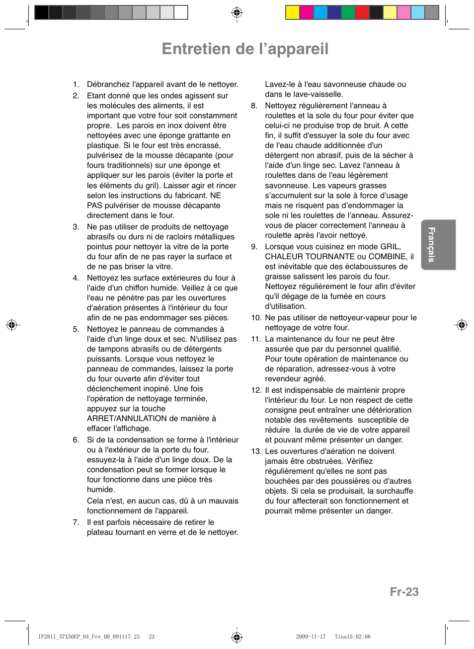 Entretien de lʼappareil, Fr-23 | Panasonic NNCT579SEPG User Manual | Page 95 / 217