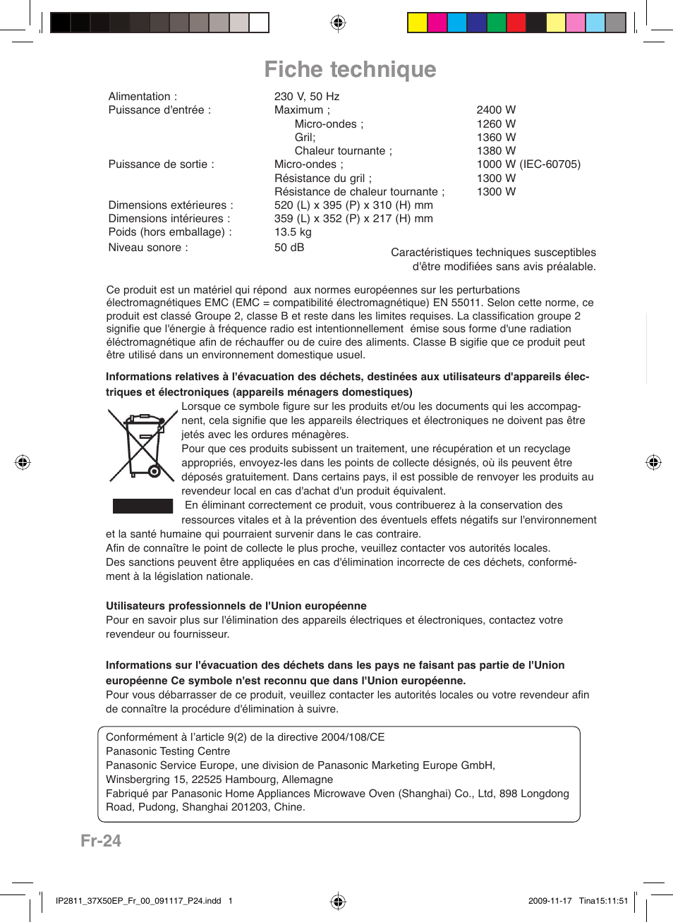 Fiche technique, Fr-24 | Panasonic NNCT579SEPG User Manual | Page 96 / 217