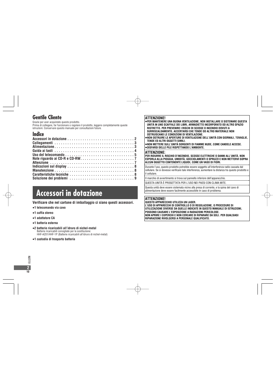 Accessori in dotazione, Gentile cliente, Indice | Panasonic SLCT720 User Manual | Page 10 / 84