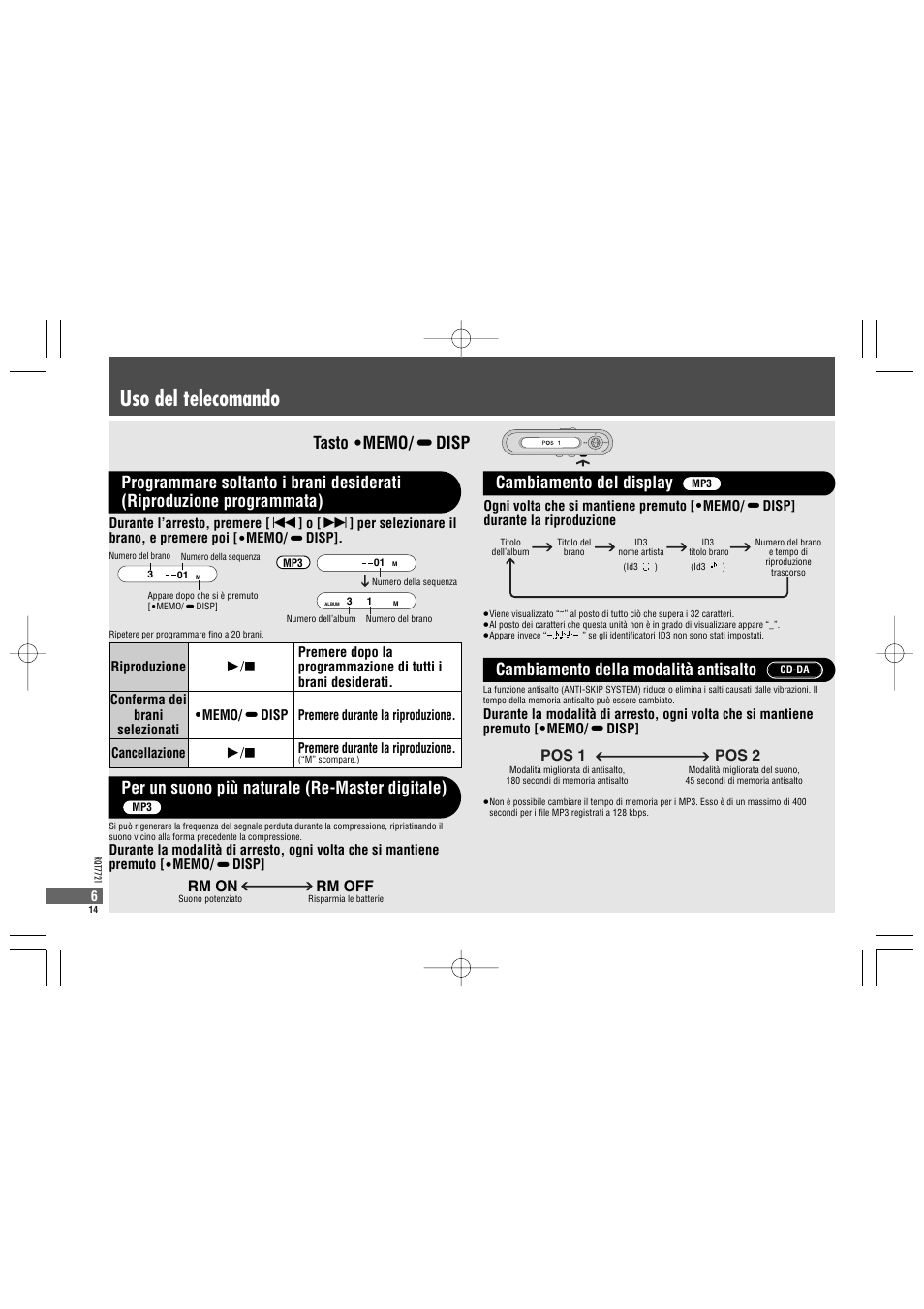 Uso del telecomando, Per un suono più naturale (re-master digitale), Pos 1 pos 2 | Rm on rm off | Panasonic SLCT720 User Manual | Page 14 / 84