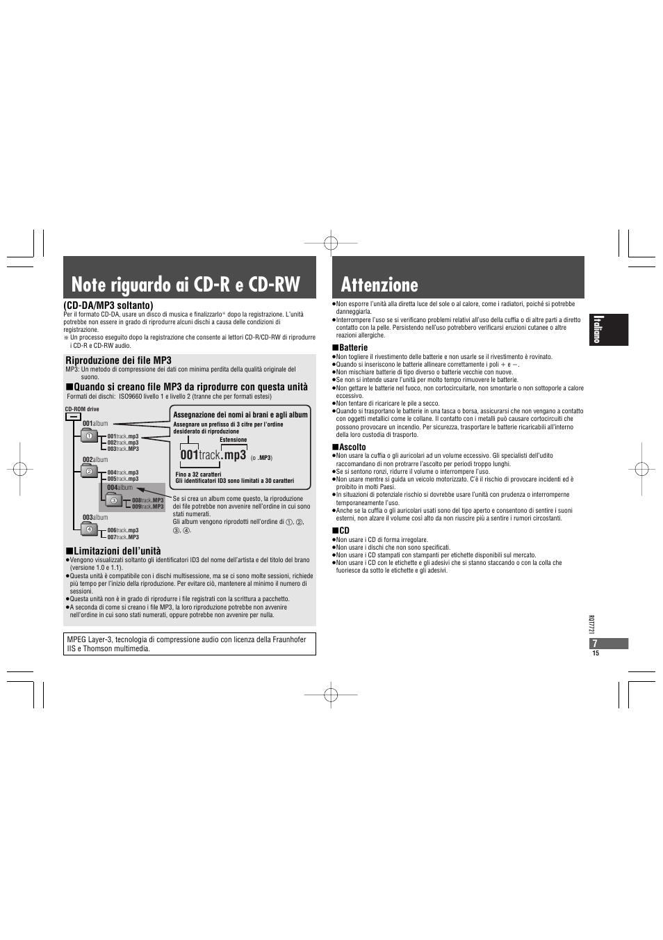 Attenzione, 001 track .mp3, Taliano | 7riproduzione dei file mp3, Limitazioni dell’unità, Cd-da/mp3 soltanto) | Panasonic SLCT720 User Manual | Page 15 / 84