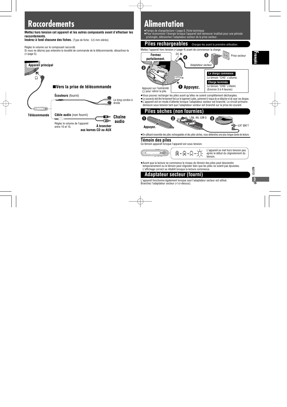 Alimentation raccordements, Piles rechargeables | Panasonic SLCT720 User Manual | Page 19 / 84