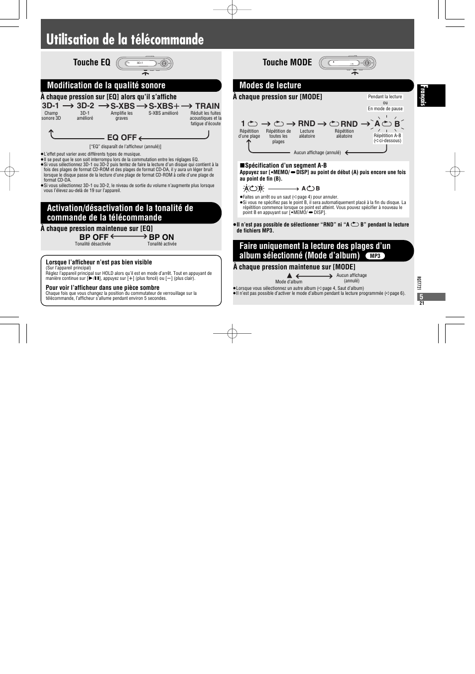 Utilisation de la télécommande, Touche mode, Modes de lecture | Rnd a 1, 3d-1 3d-2 s-xbs s-xbs r train eq off, Bp off bp on | Panasonic SLCT720 User Manual | Page 21 / 84