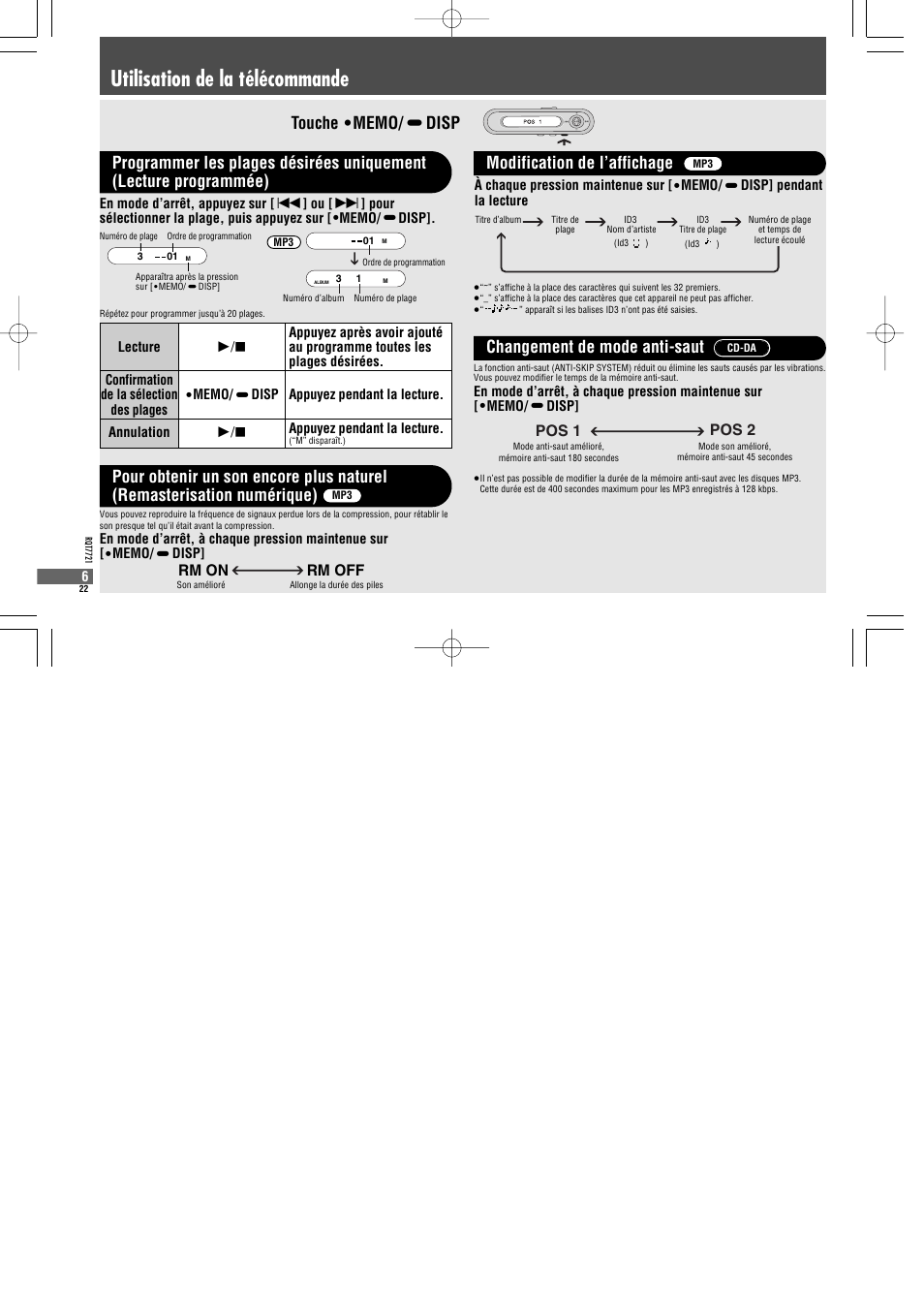 Utilisation de la télécommande, Pos 1 pos 2, Rm on rm off | Panasonic SLCT720 User Manual | Page 22 / 84