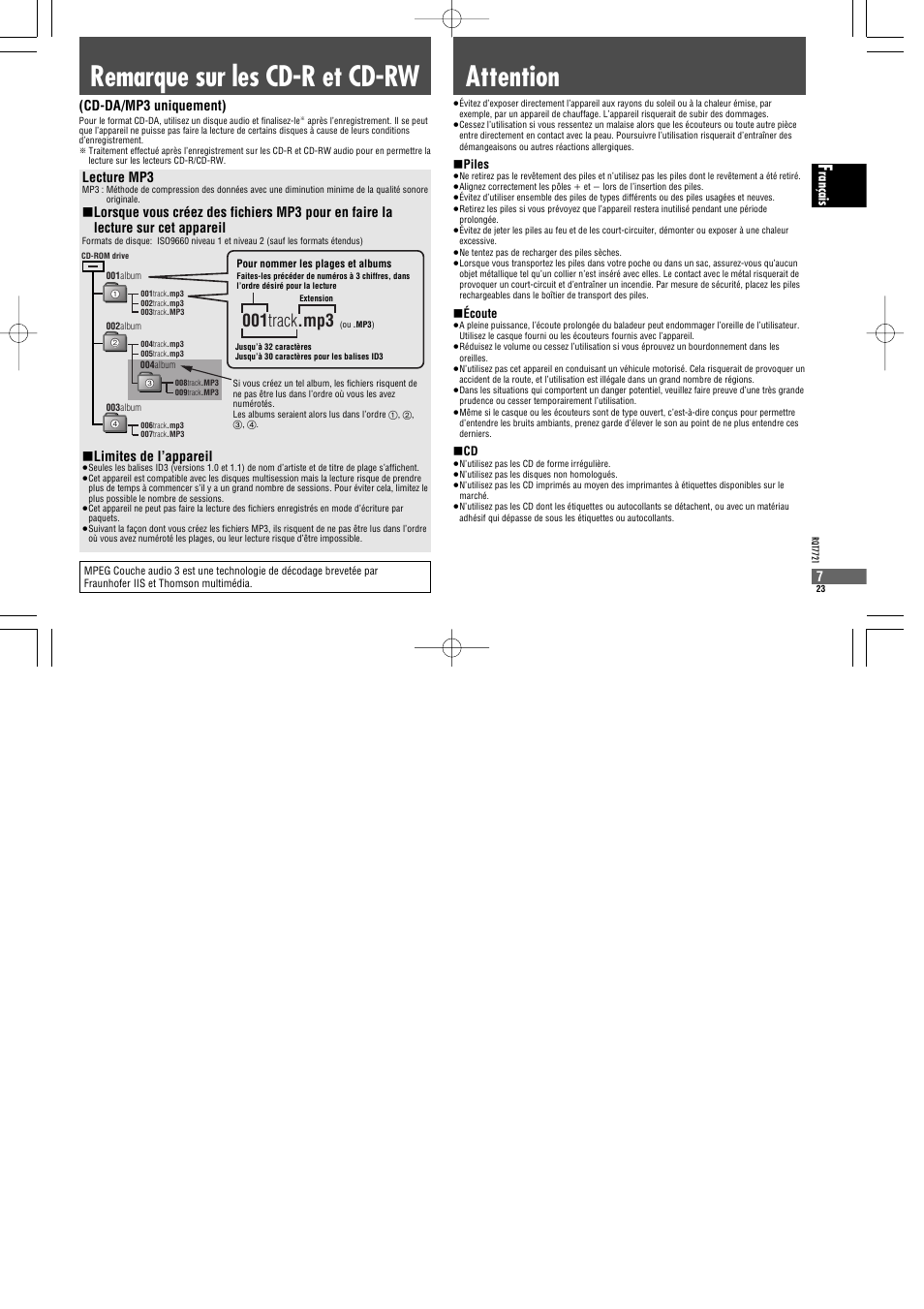Remarque sur les cd-r et cd-rw, Attention, 001 track .mp3 | Rançais lecture mp3, Limites de l’appareil, Cd-da/mp3 uniquement) | Panasonic SLCT720 User Manual | Page 23 / 84