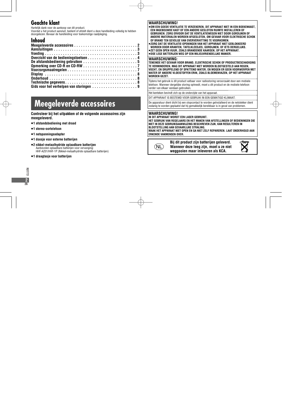 Meegeleverde accessoires, Geachte klant, Inhoud | Panasonic SLCT720 User Manual | Page 26 / 84