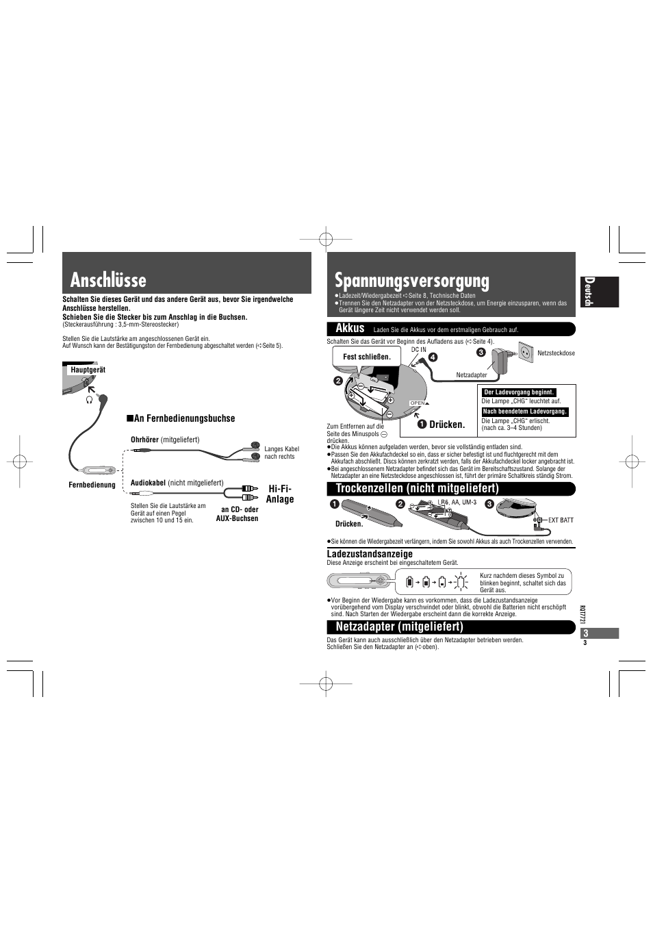 Anschlüsse spannungsversorgung, Akkus | Panasonic SLCT720 User Manual | Page 3 / 84