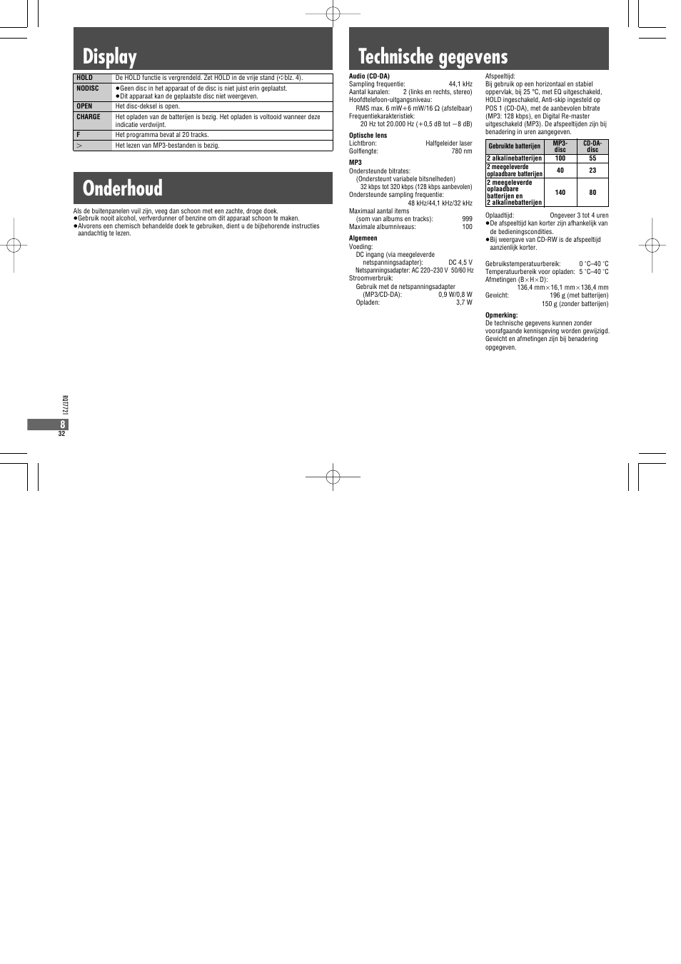 Technische gegevens onderhoud, Display | Panasonic SLCT720 User Manual | Page 32 / 84