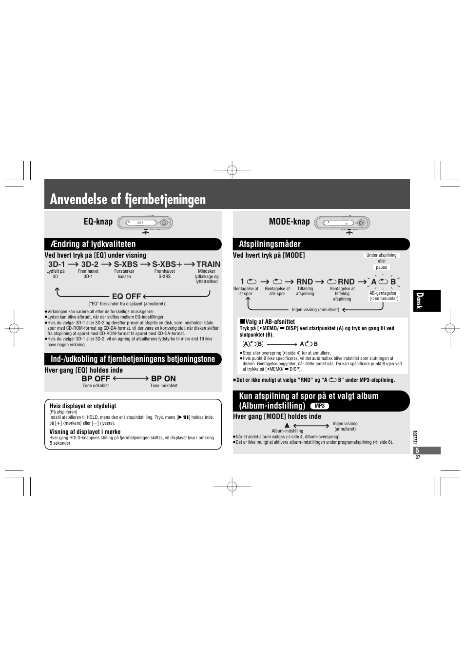 Anvendelse af fjernbetjeningen, Mode-knap, Afspilningsmåder | Rnd a 1, 3d-1 3d-2 s-xbs s-xbs r train eq off, Bp off bp on | Panasonic SLCT720 User Manual | Page 37 / 84