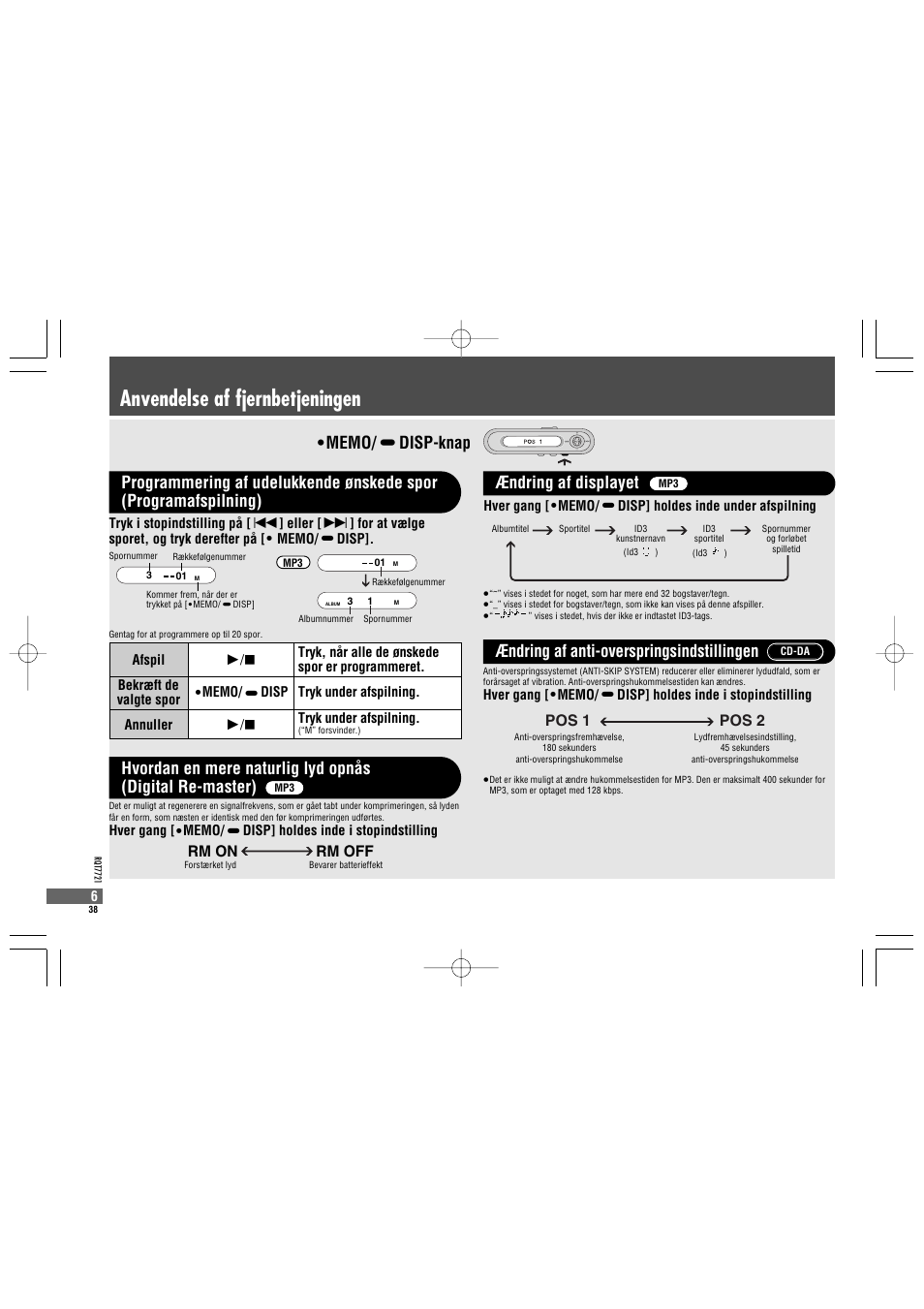 Anvendelse af fjernbetjeningen, Pos 1 pos 2, Rm on rm off | Panasonic SLCT720 User Manual | Page 38 / 84