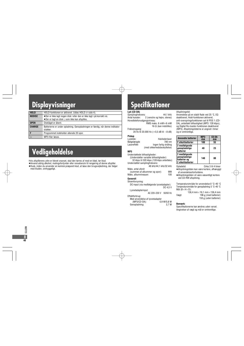 Specifikationer, Displayvisninger, Vedligeholdelse | Panasonic SLCT720 User Manual | Page 40 / 84