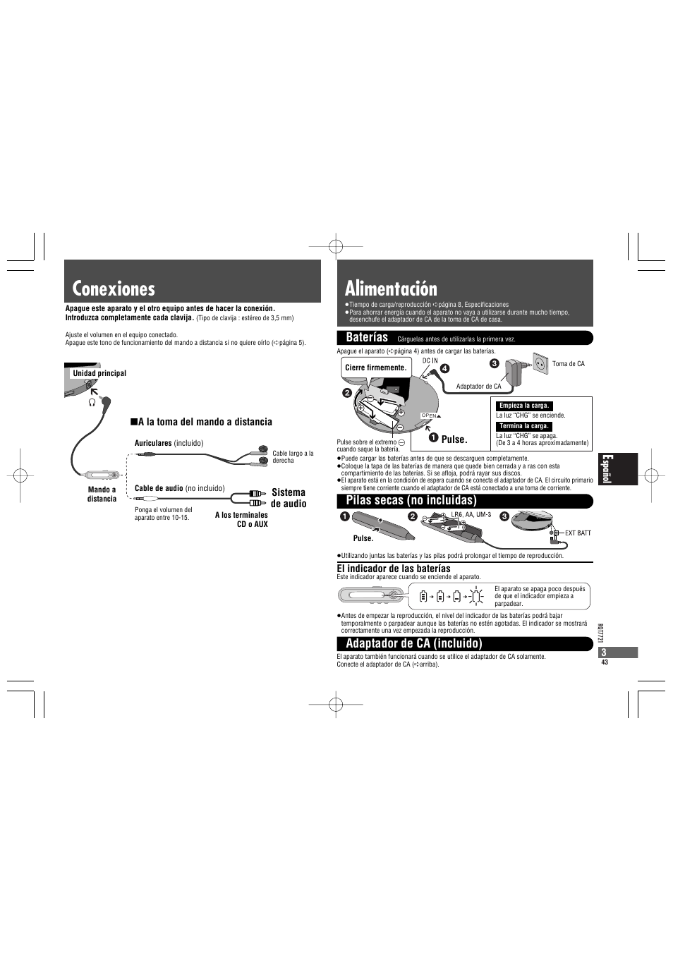 Alimentación conexiones, Baterías | Panasonic SLCT720 User Manual | Page 43 / 84