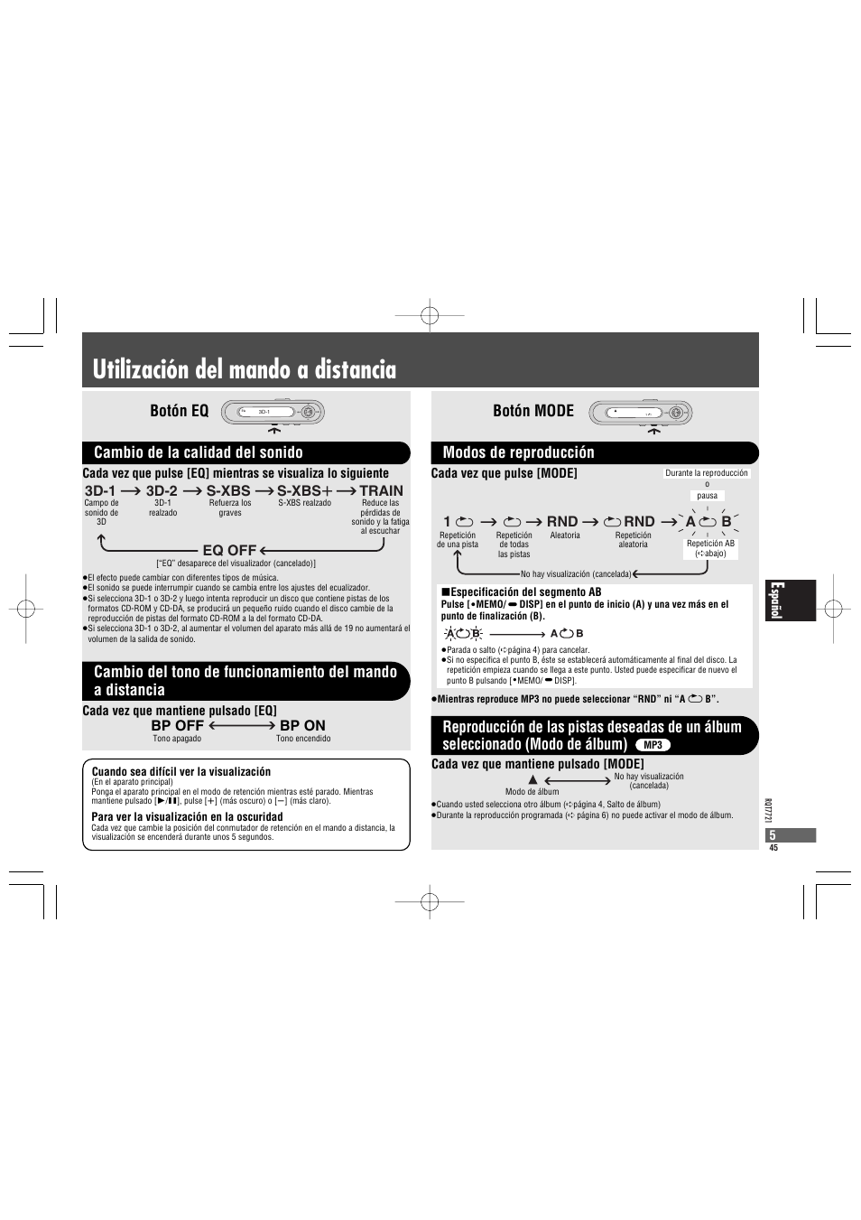 Utilización del mando a distancia, Botón mode, Modos de reproducción | Rnd a 1, 3d-1 3d-2 s-xbs s-xbs r train eq off, Bp off bp on | Panasonic SLCT720 User Manual | Page 45 / 84