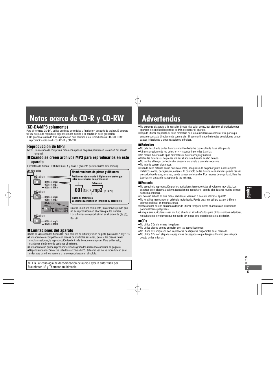 Notas acerca de cd-r y cd-rw, Advertencias, 001 track .mp3 | Spañol, 7reproducción de mp3, Limitaciones del aparato, Cd-da/mp3 solamente) | Panasonic SLCT720 User Manual | Page 47 / 84