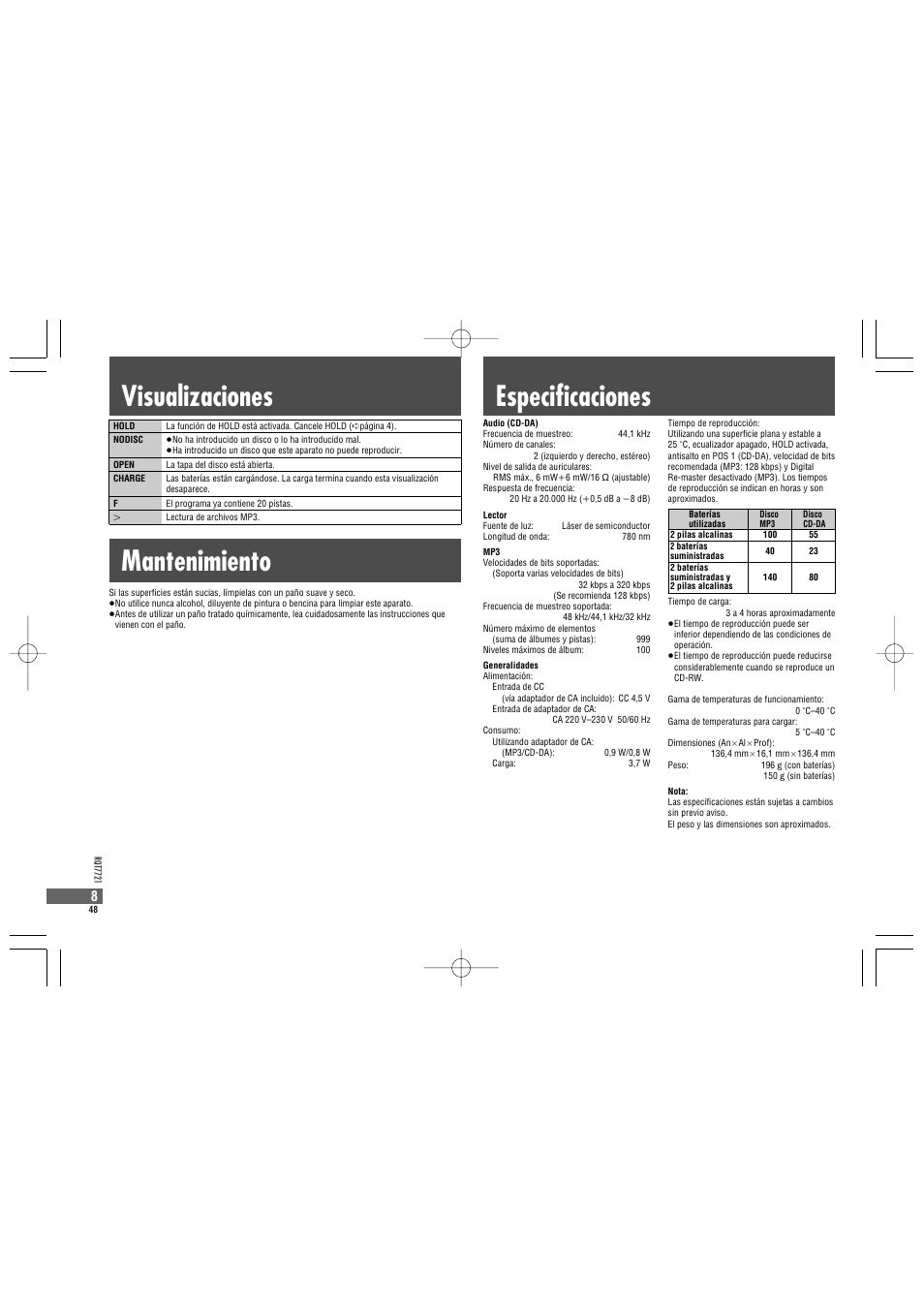 Especificaciones mantenimiento, Visualizaciones | Panasonic SLCT720 User Manual | Page 48 / 84