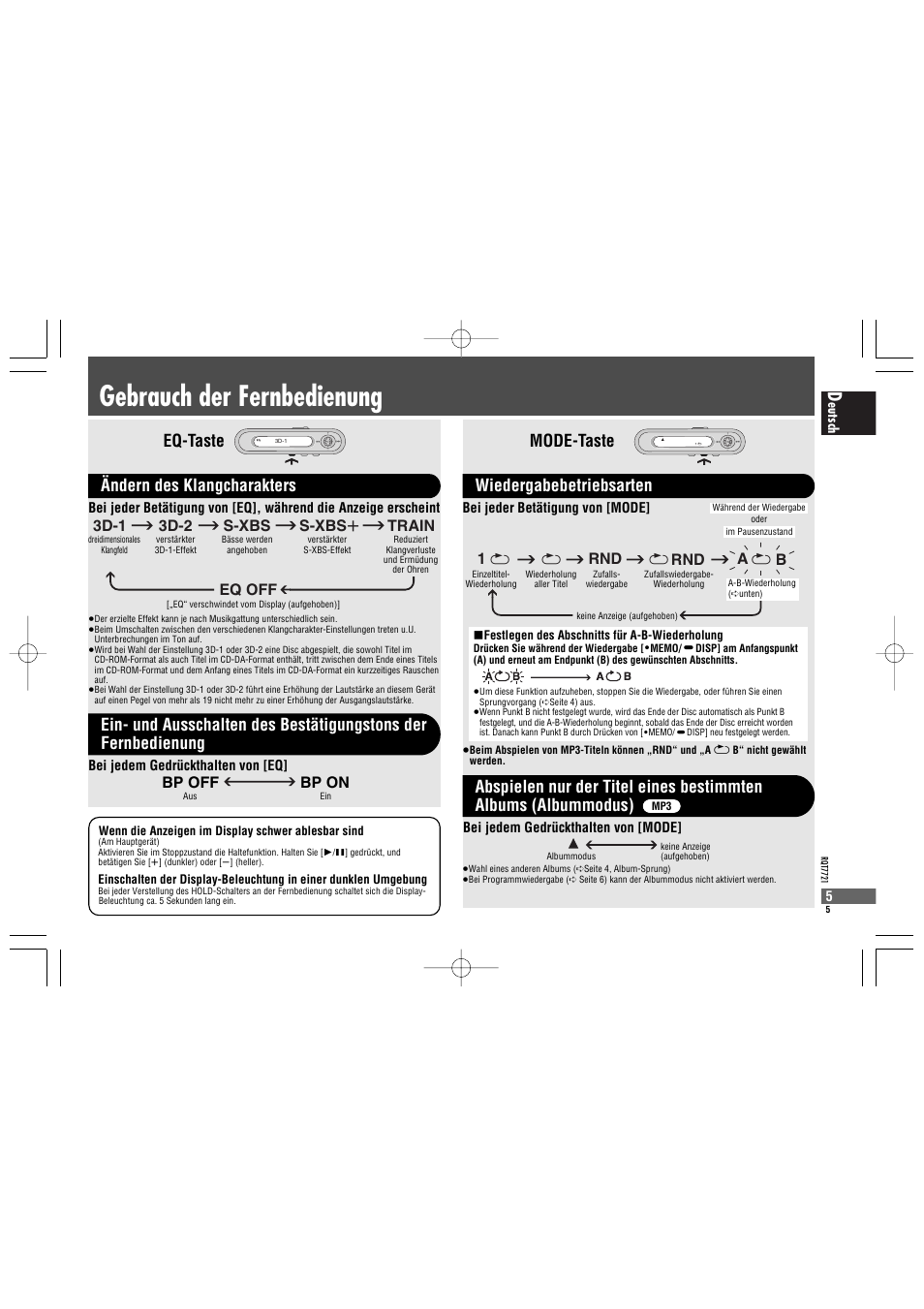 Gebrauch der fernbedienung, Mode-taste, Wiedergabebetriebsarten | Rnd a 1, 3d-1 3d-2 s-xbs s-xbs r train eq off, Bp off bp on | Panasonic SLCT720 User Manual | Page 5 / 84