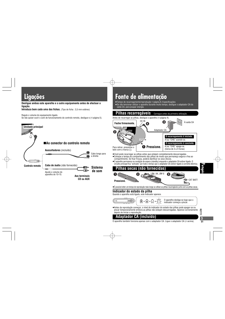Fonte de alimentação ligações, Pilhas recarregáveis | Panasonic SLCT720 User Manual | Page 51 / 84