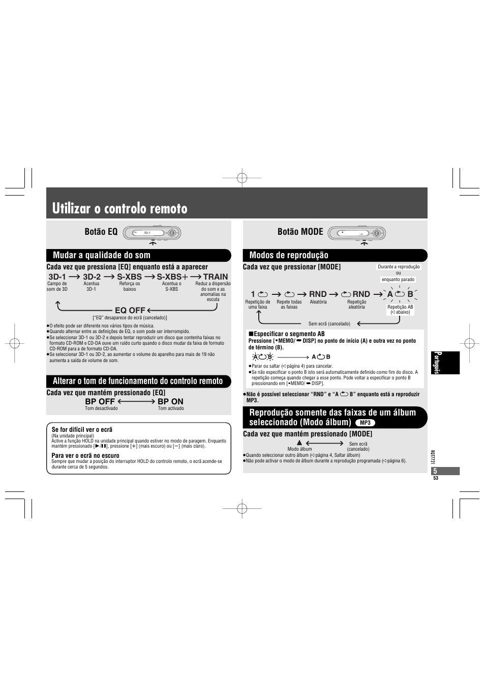 Utilizar o controlo remoto, Botão mode, Modos de reprodução | Rnd a 1, 3d-1 3d-2 s-xbs s-xbs r train eq off, Bp off bp on | Panasonic SLCT720 User Manual | Page 53 / 84
