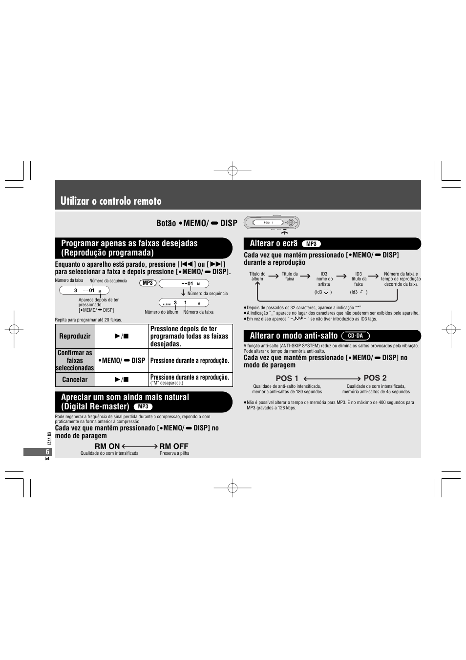 Utilizar o controlo remoto, Alterar o ecrã alterar o modo anti-salto, Pos 1 pos 2 | Rm on rm off | Panasonic SLCT720 User Manual | Page 54 / 84