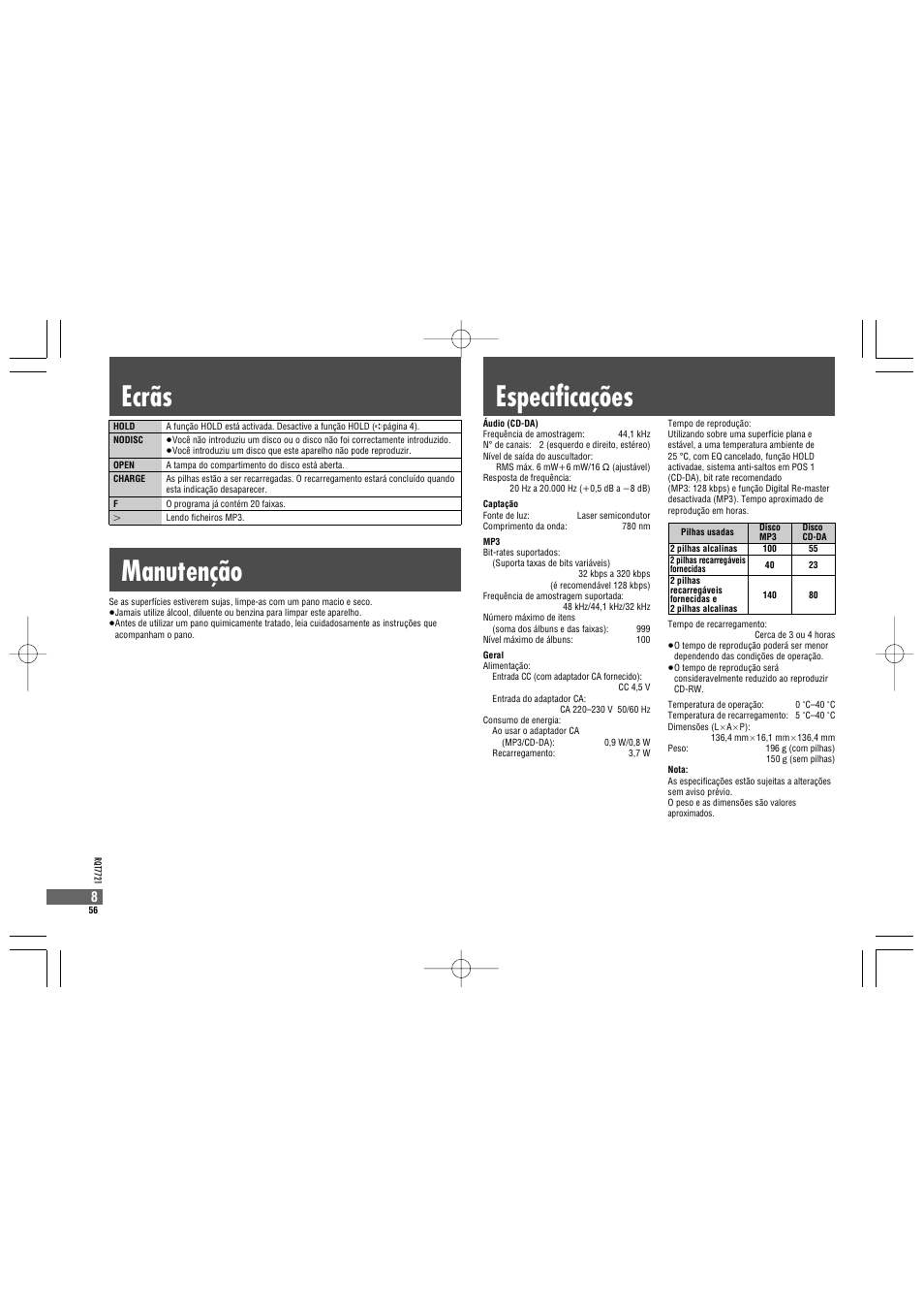 Especificações manutenção, Ecrãs | Panasonic SLCT720 User Manual | Page 56 / 84