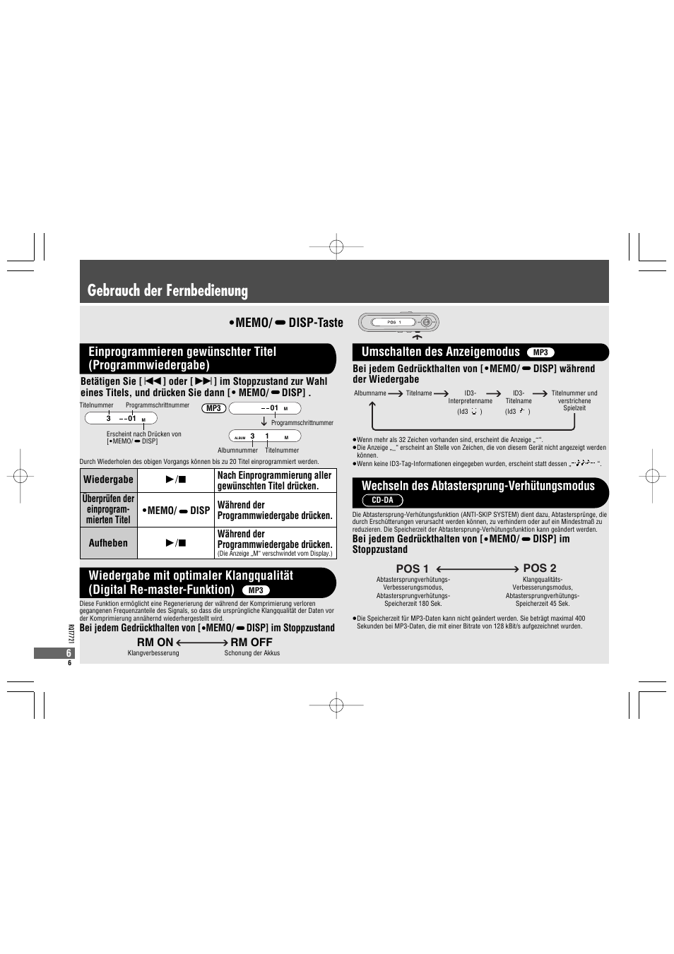Gebrauch der fernbedienung, Umschalten des anzeigemodus, Wechseln des abtastersprung-verhütungsmodus | Pos 1 pos 2, Rm on rm off | Panasonic SLCT720 User Manual | Page 6 / 84