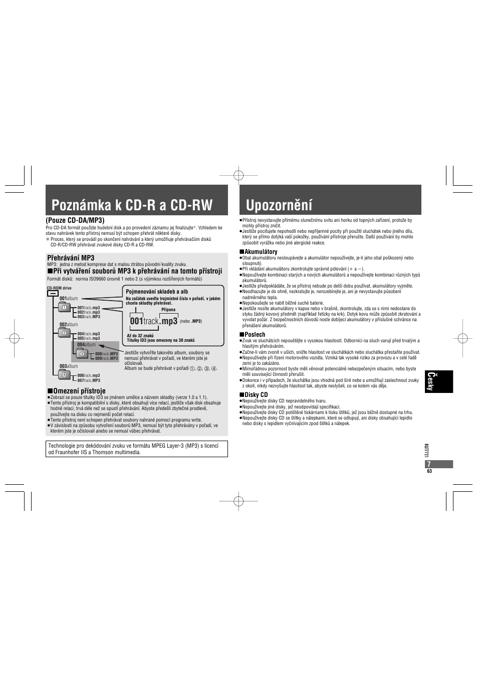 Poznámka k cd-r a cd-rw, Upozornêní, 001 track .mp3 | Esky pâehrávání mp3, Omezení pâístroje, Pouze cd-da/mp3) | Panasonic SLCT720 User Manual | Page 63 / 84