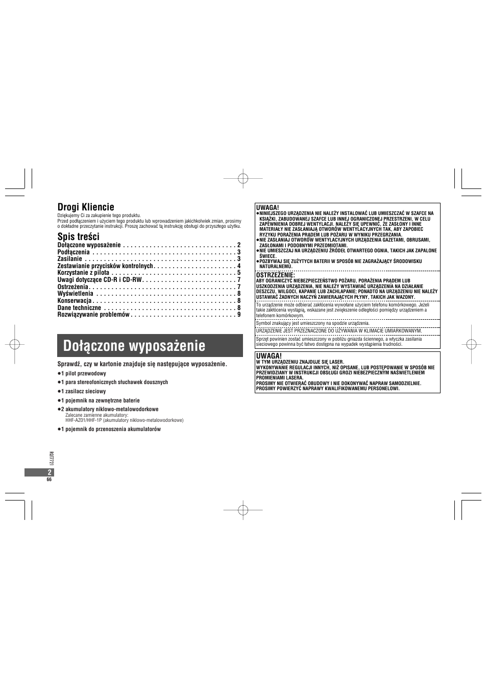 Doìàczone wyposaëenie, Drogi kliencie, Spis treøci | Panasonic SLCT720 User Manual | Page 66 / 84