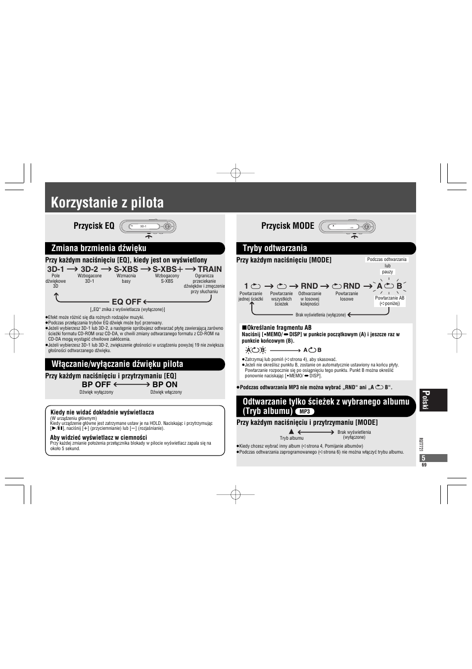 Korzystanie z pilota, Przycisk mode, Tryby odtwarzania | Rnd a 1, 3d-1 3d-2 s-xbs s-xbs r train eq off, Bp off bp on | Panasonic SLCT720 User Manual | Page 69 / 84
