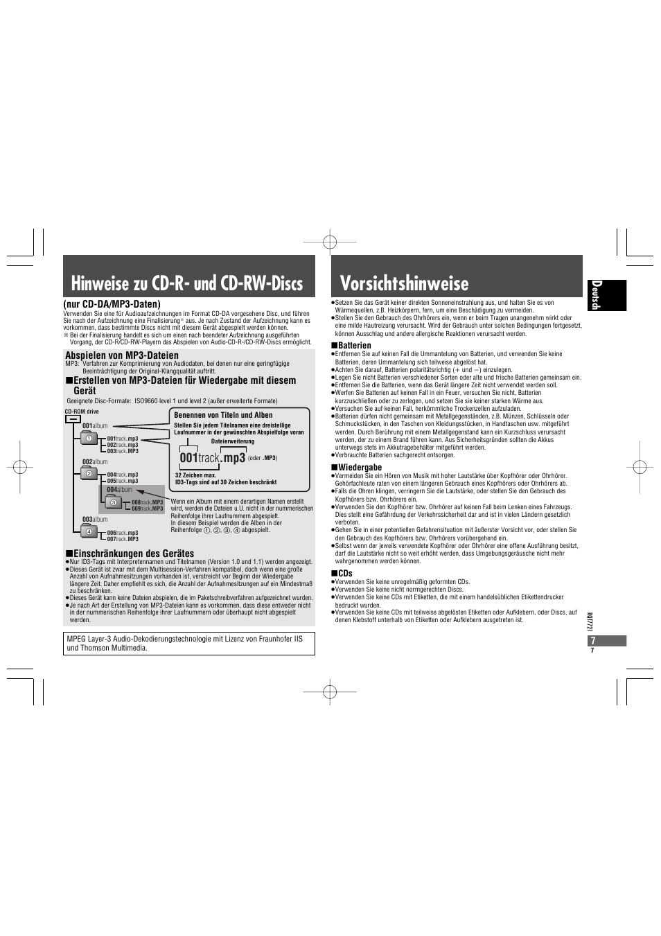 001 track .mp3, Eutsch abspielen von mp3-dateien, Einschränkungen des gerätes | Nur cd-da/mp3-daten) | Panasonic SLCT720 User Manual | Page 7 / 84