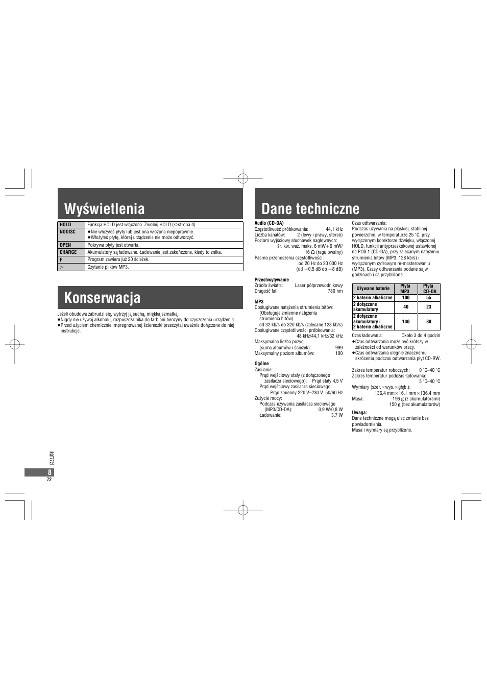 Dane techniczne konserwacja, Wyøwietlenia | Panasonic SLCT720 User Manual | Page 72 / 84