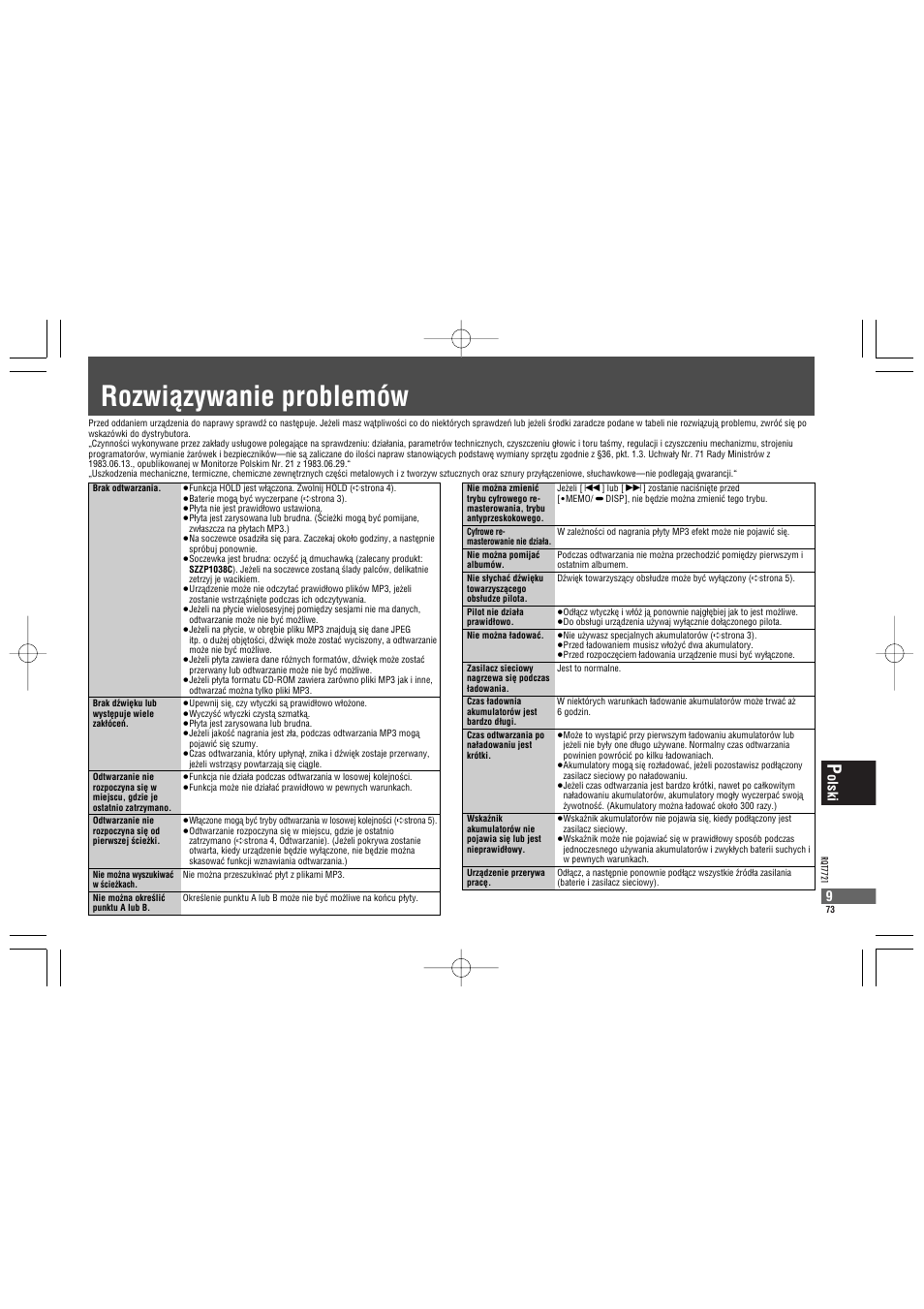 Rozwiàzywanie problemów, Olski 9 | Panasonic SLCT720 User Manual | Page 73 / 84