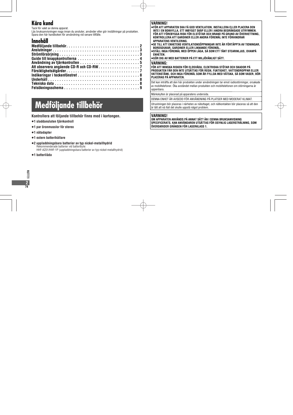 Medföljande tillbehör, Kära kund, Innehåll | Panasonic SLCT720 User Manual | Page 74 / 84